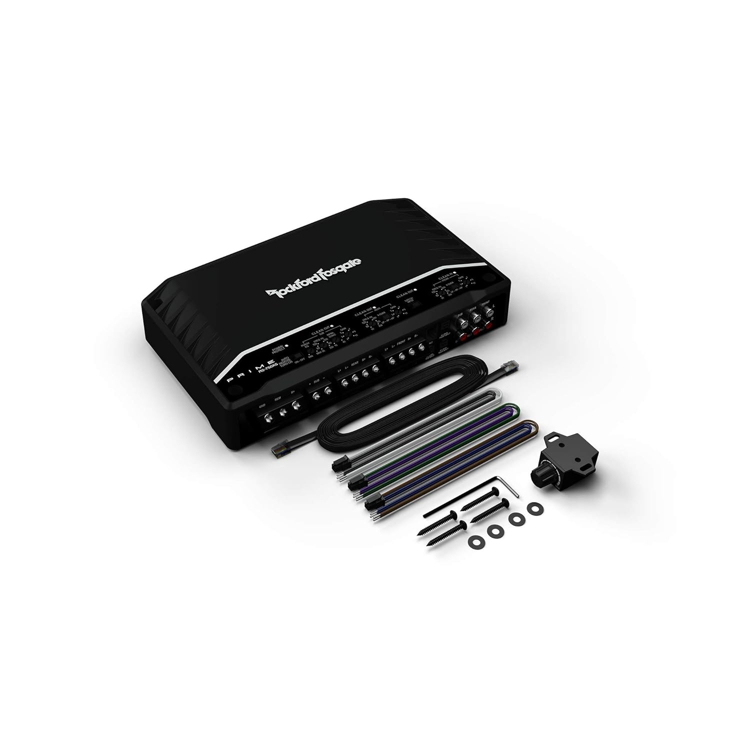 Ein schwarzer Rockford Fosgate-Auto-Verstärker mit Zubehör auf Weiß. Enthält Kabel, Schrauben und ein schwarzes Steuermodul.