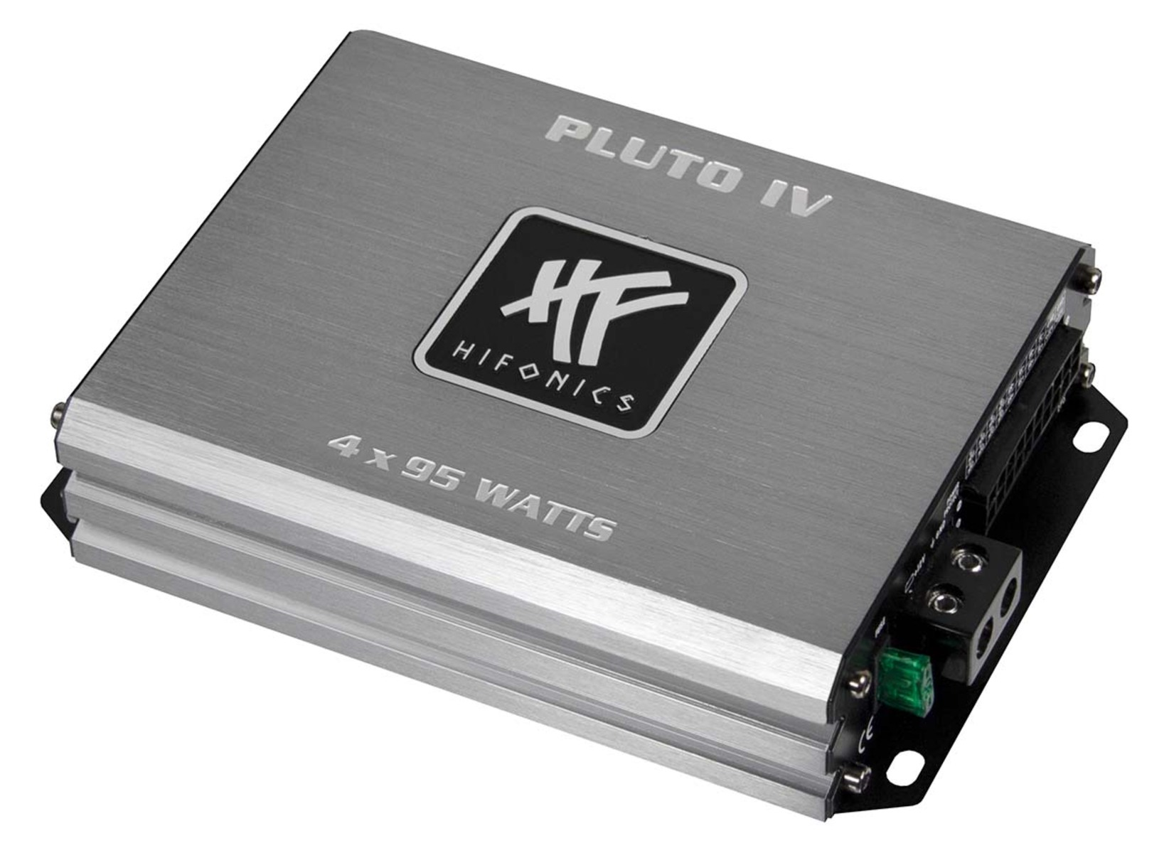 Silberner Hifonics Pluto IV Auto-Verstärker. Er hat das Logo und den Text 4 x 95 Watt.