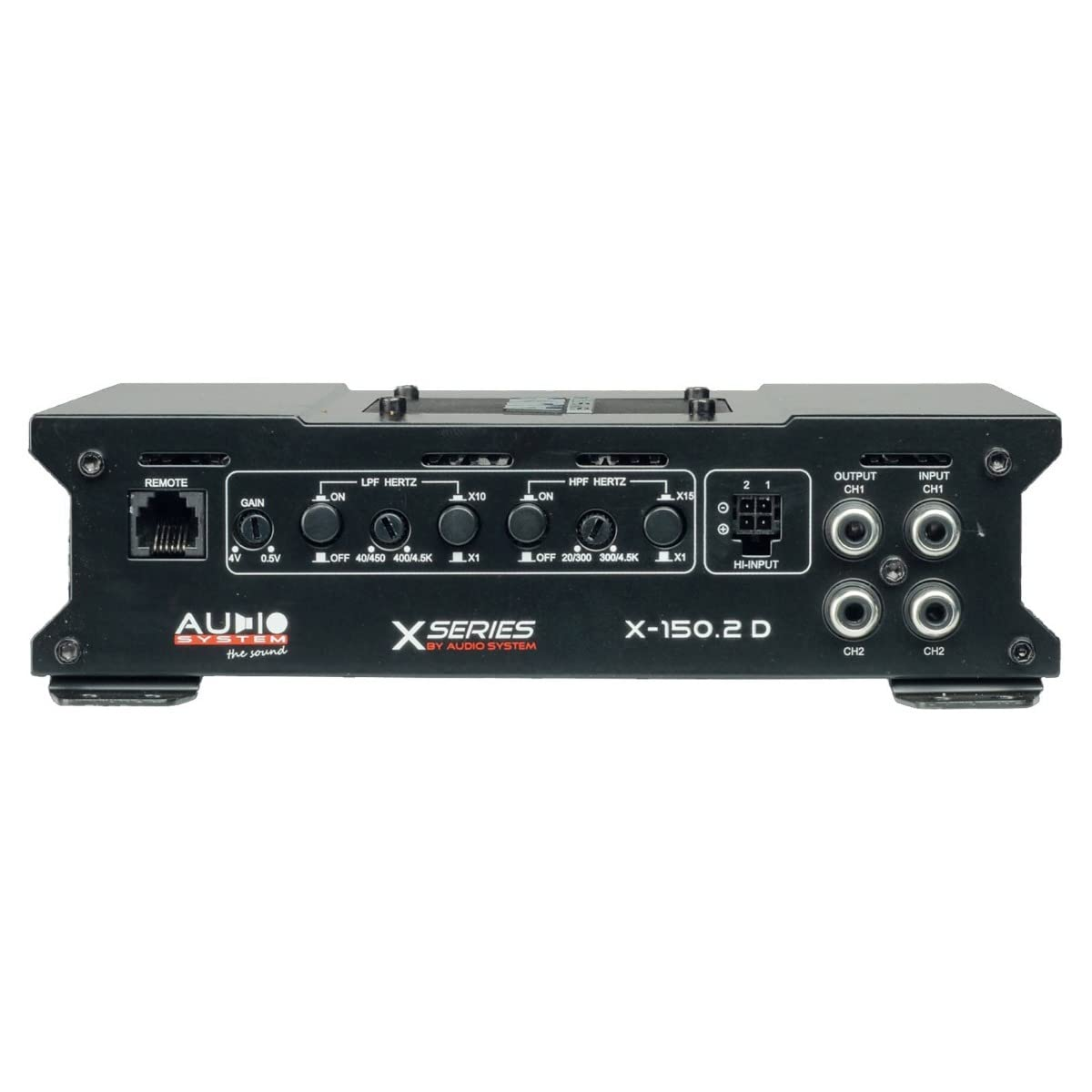 Schwarzer Audioverstärker mit verschiedenen Ein-/Ausgängen und Bedienelementen. Text enthält 'X SERIES', 'AUDIO SYSTEM' und 'X-150.2 D'.