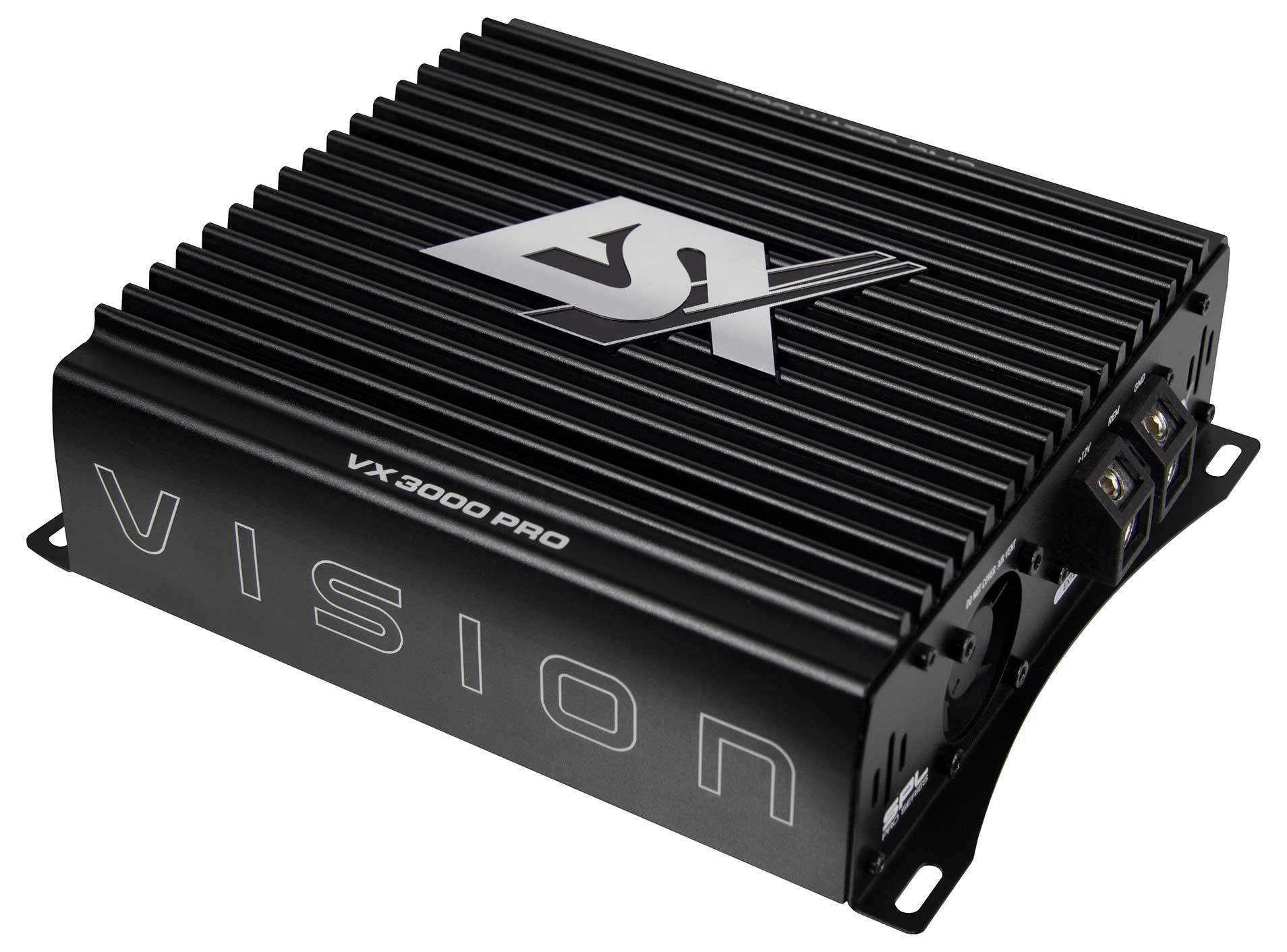 Schwarzer Audioverstärker mit silbernem Logo. Der Text "VISION VX 3000 PRO" ist sichtbar. Er hat ein geripptes Design.
