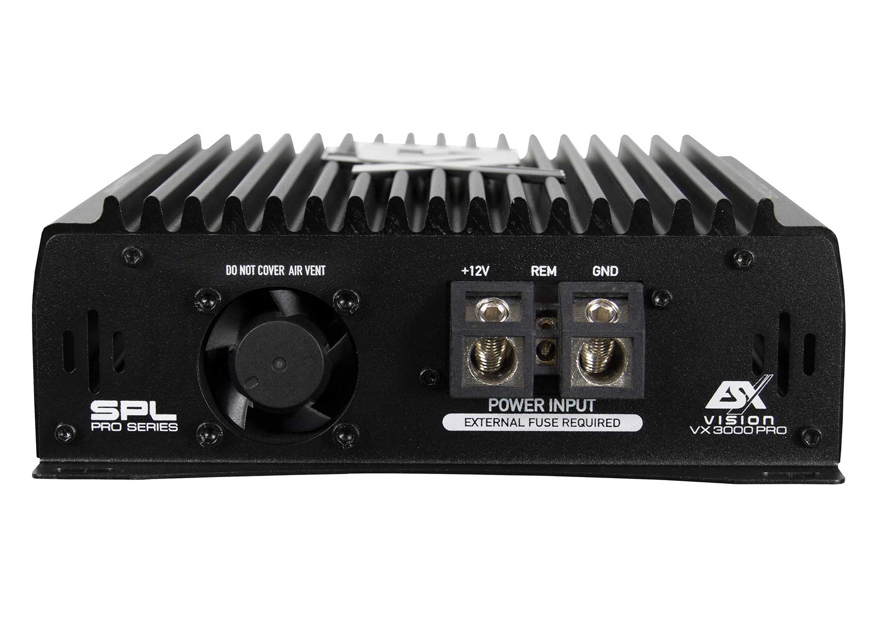 Schwarzer Verstärker mit Kühlrippen, Lüfter und Anschlüssen. Text enthält 'SPL', 'Power Input' und 'Vision VX 3000 PRO'.