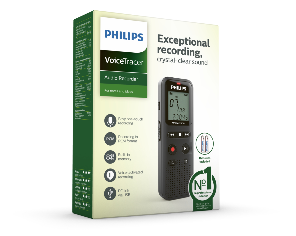 Philips VoiceTracer Audio Recorder Box. Funktionen umfassen PCM-Aufnahme, 8 GB Speicher und Sprachaktivierung.