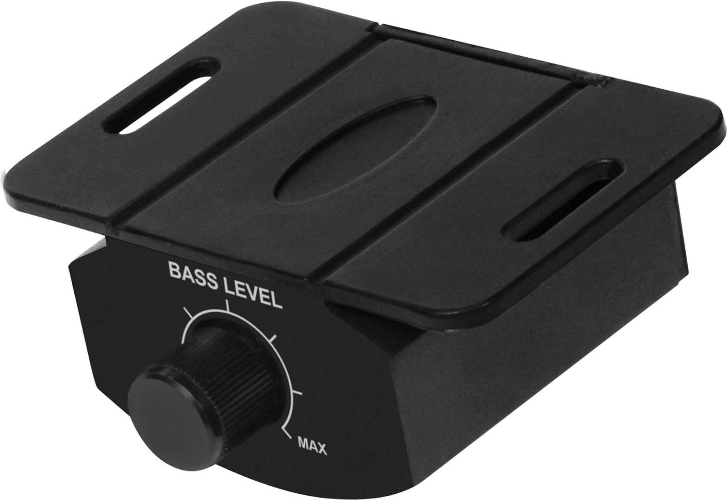 Ein schwarzer Basspegelregler. Er hat einen Knopf, der mit 'MAX' beschriftet ist, und eine geschlitzte Oberseite. Die Worte 'BASS LEVEL' sind aufgedruckt.