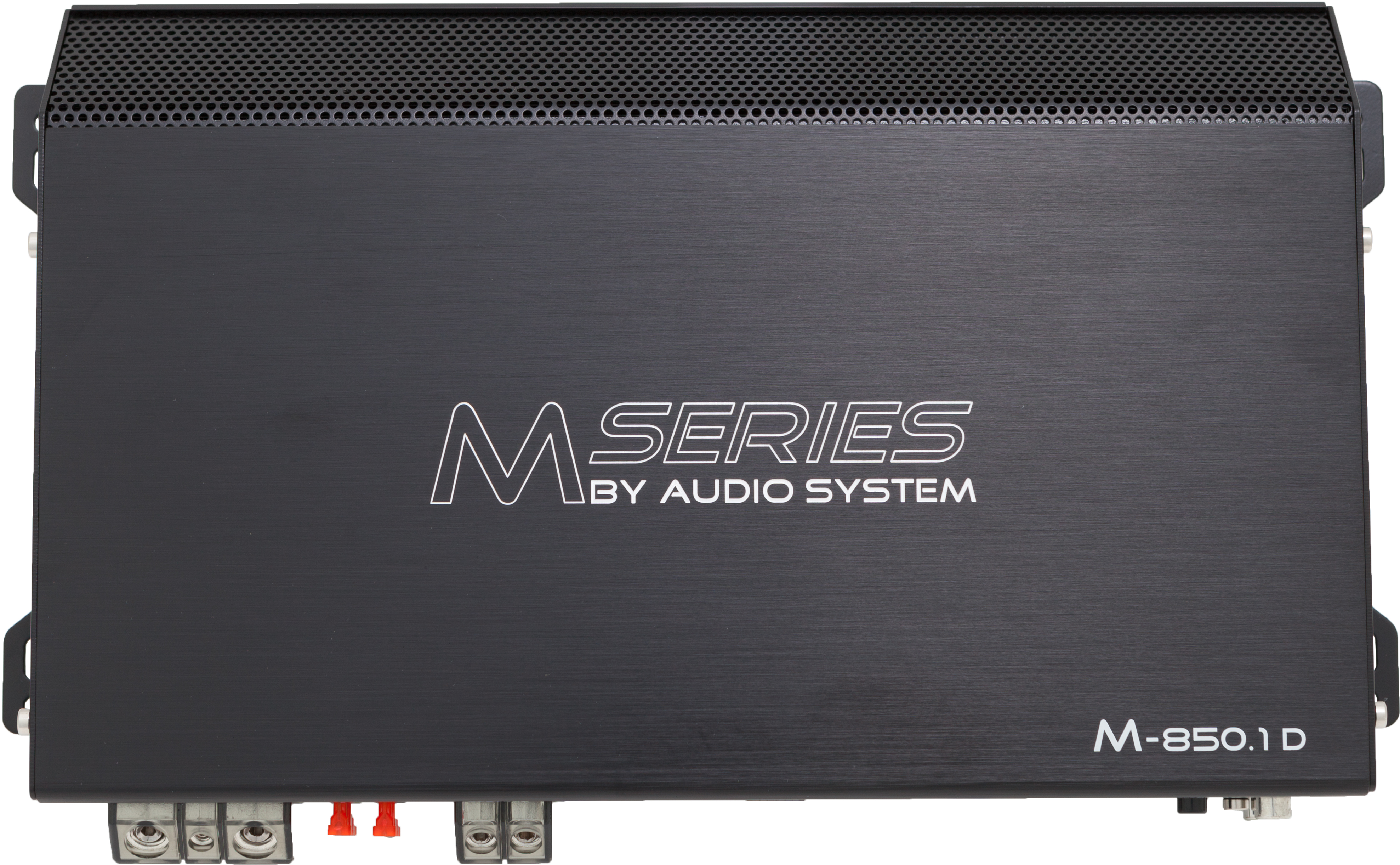Schwarzer Audioverstärker mit Text 'M SERIES BY AUDIO SYSTEM'. Modellnummer 'M-850.1 D'.