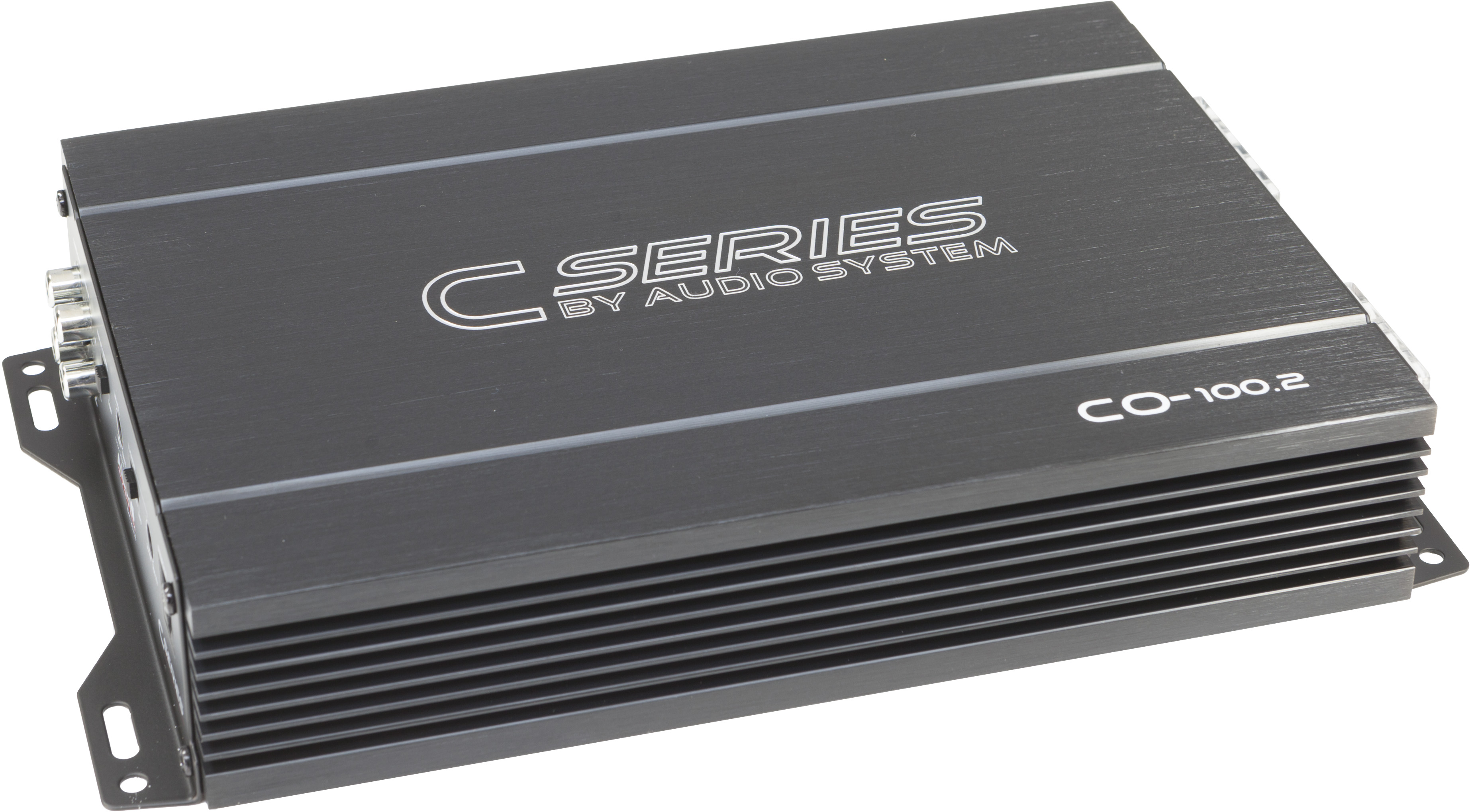 Ein schwarzer Auto-Audioverstärker mit dem Text 'C SERIES BY AUDIO SYSTEM CO-100.2'.