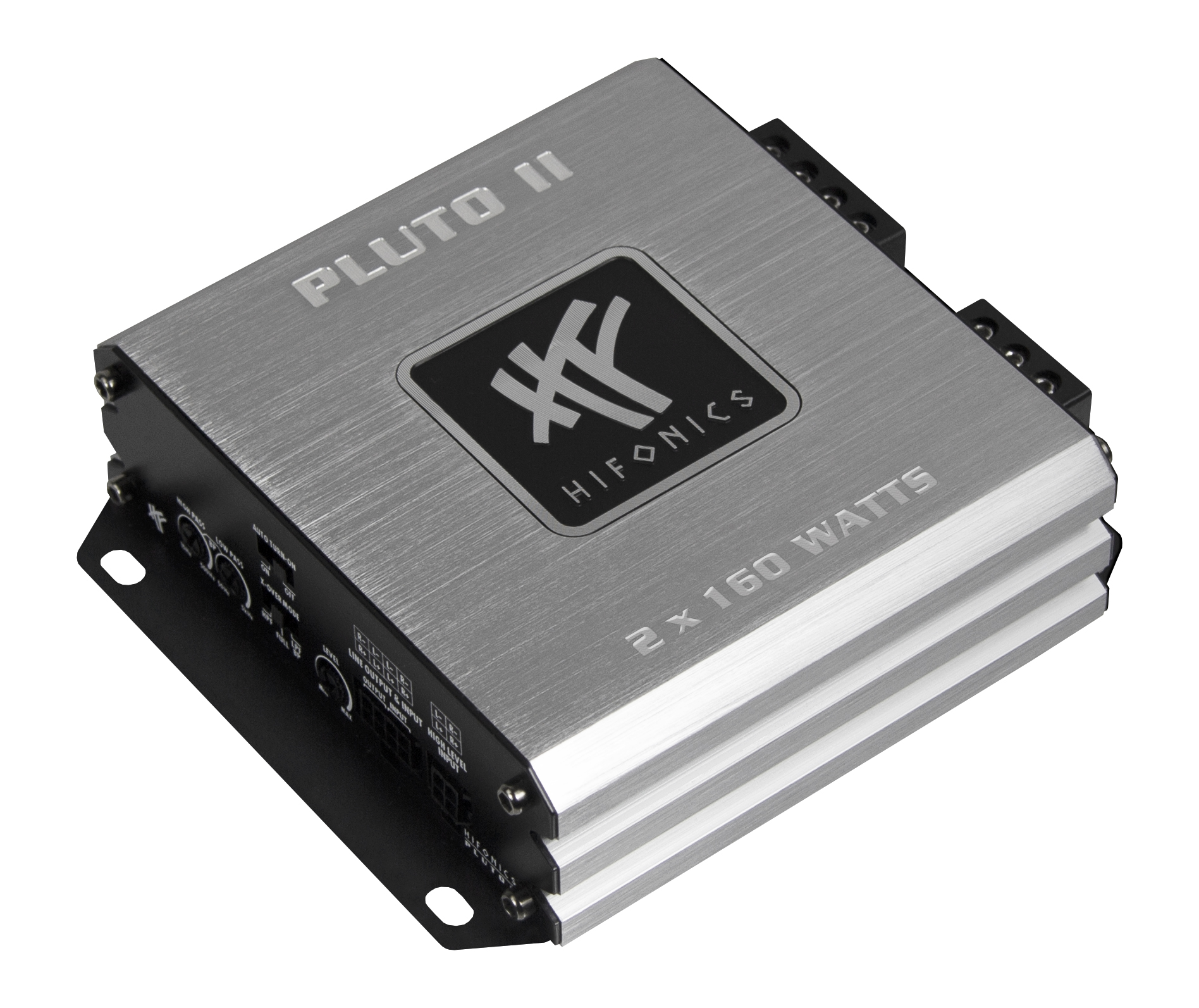 Silberner Auto-Audioverstärker mit schwarzen Akzenten. Der Text enthält 'PLUTO II', das 'HIFONICS'-Logo und '2 x 160 WATTS'.