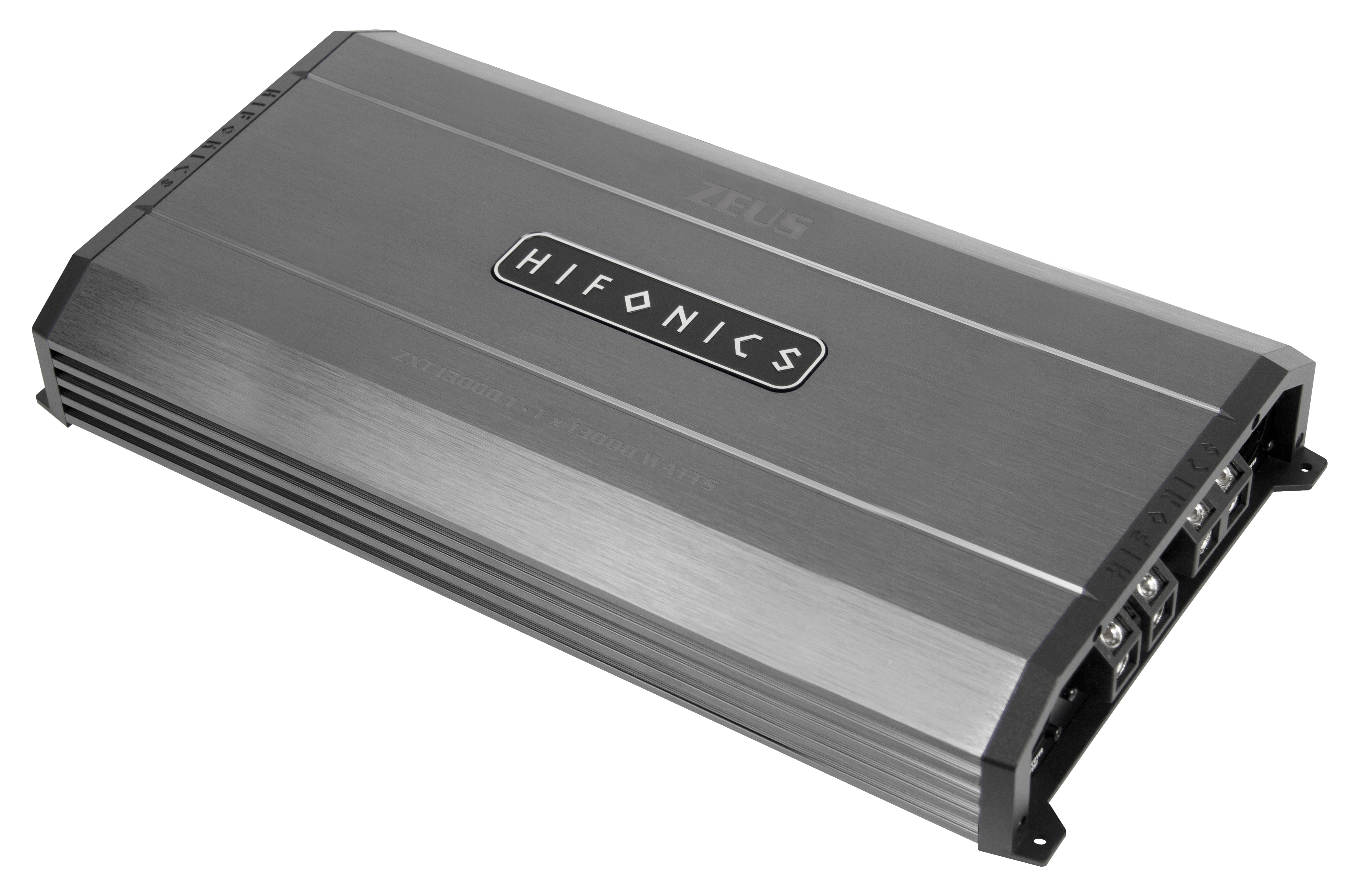 Grauer Hifonics-Verstärker. Er trägt den Markennamen Zeus. Das Modell ist ZXT130001.