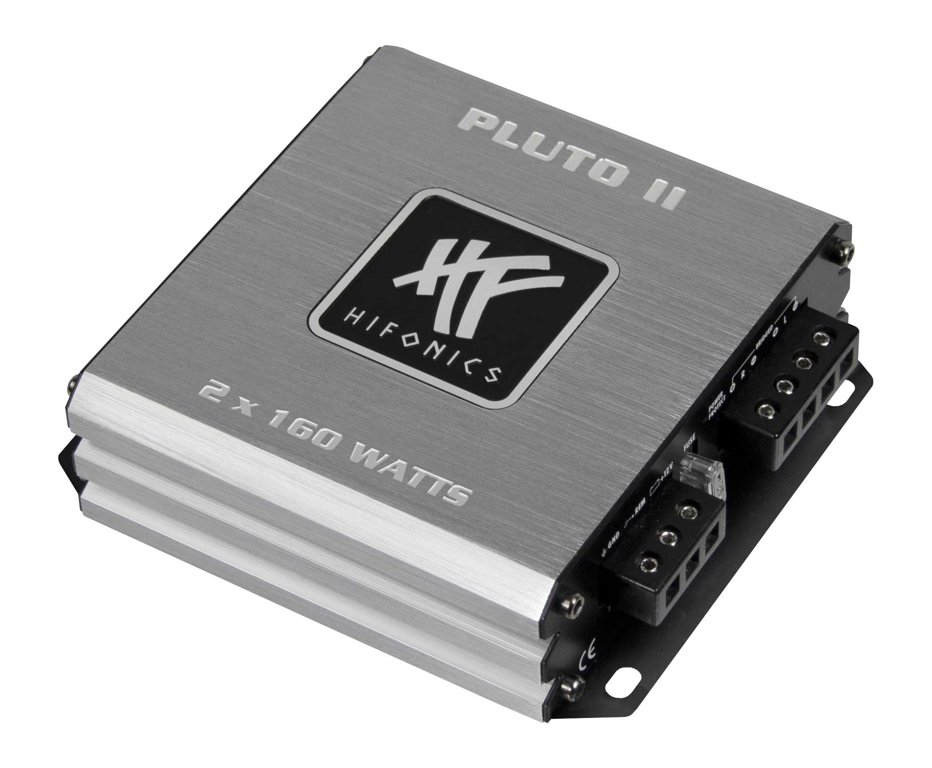 Silberner Hifonics Pluto II Verstärker mit schwarzen Anschlüssen. Text: 2 x 160 Watt. Logo in der Mitte. Schwarz-weißes Farbschema.