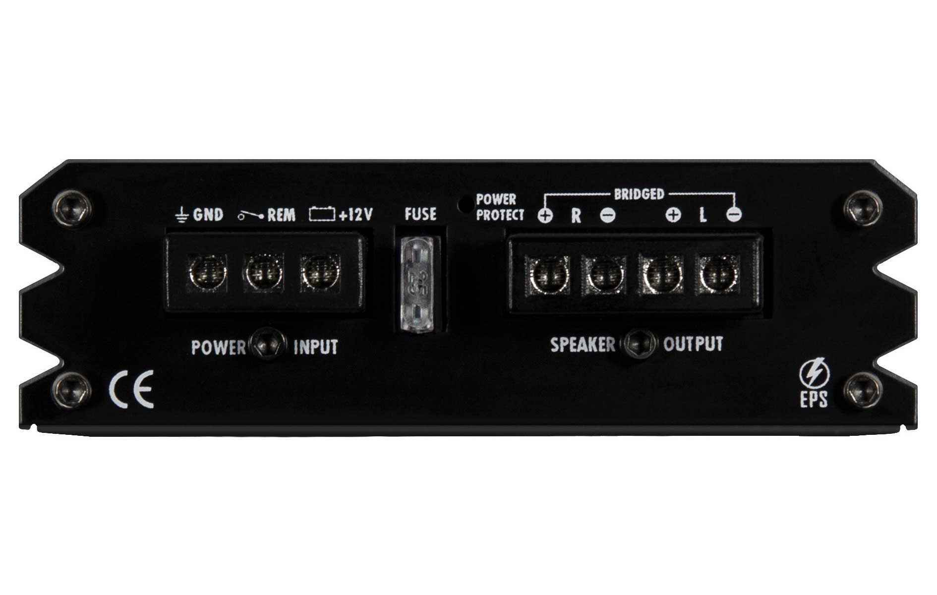 Schwarzer Auto-Audio-Verstärker mit Ein-/Ausgangsklemmen und Beschriftungen: GND, REM, +12V, FUSE, POWER, SPEAKER, OUTPUT und EPS.