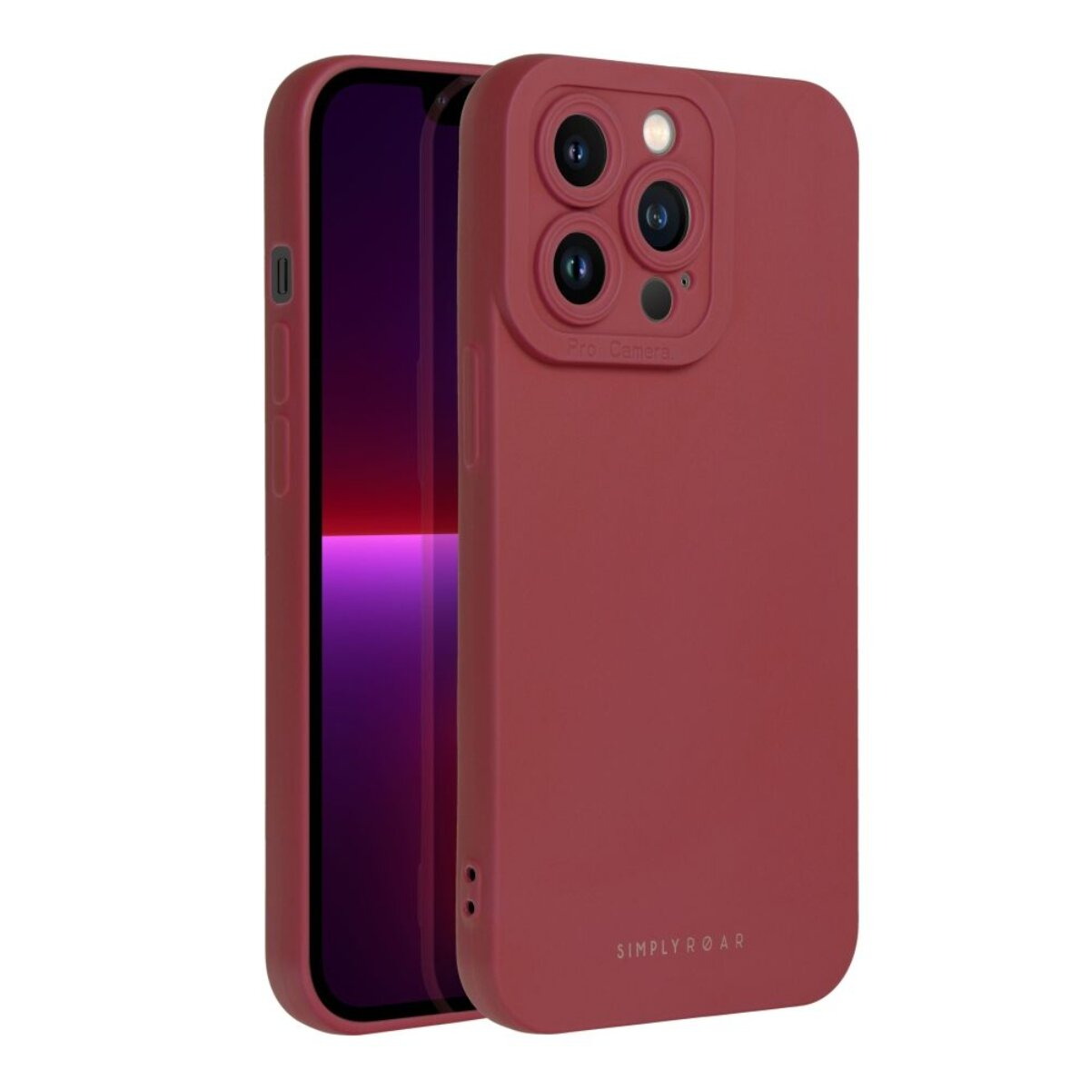 Eine weinrote Handyhülle mit einem Telefon darin. Auf der Hülle steht 'SIMPLY ROAR' und eine Dreifachkamera.