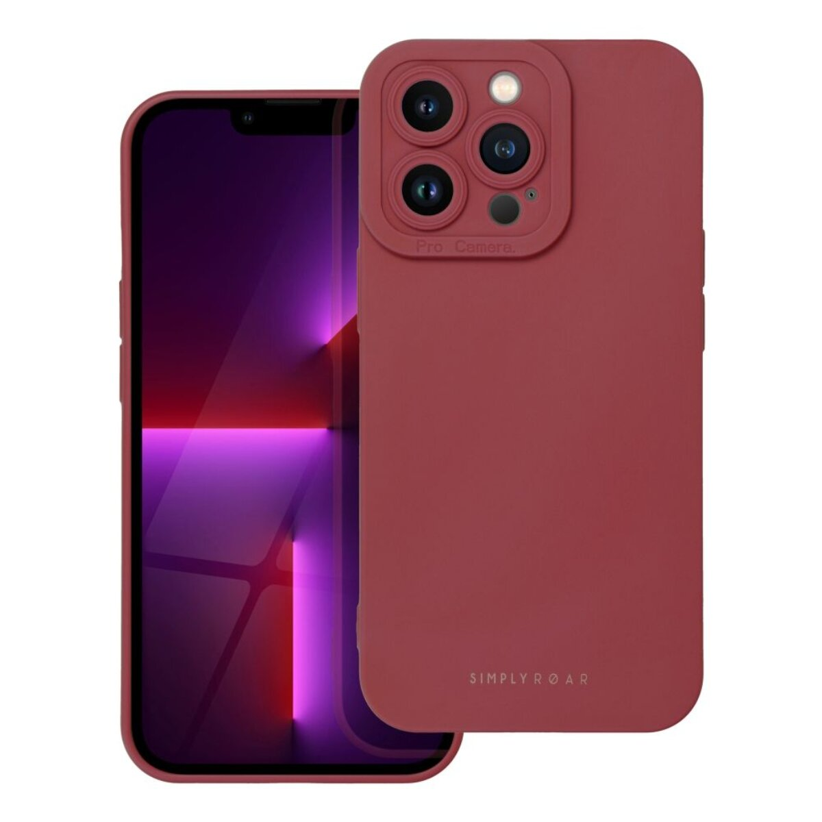 Eine rote Handyhülle mit einem Telefon darin. Die Hülle hat mehrere Kameralinsen und die Marke 'SIMPLY RØAR'.
