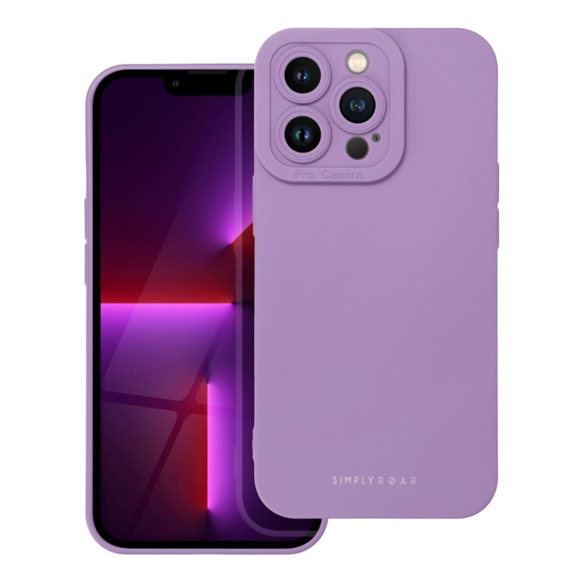 Eine lila Handyhülle mit einem Telefon darin. Die Hülle hat Kameralinsen. Der Telefonbildschirm zeigt lila und rotes Licht.