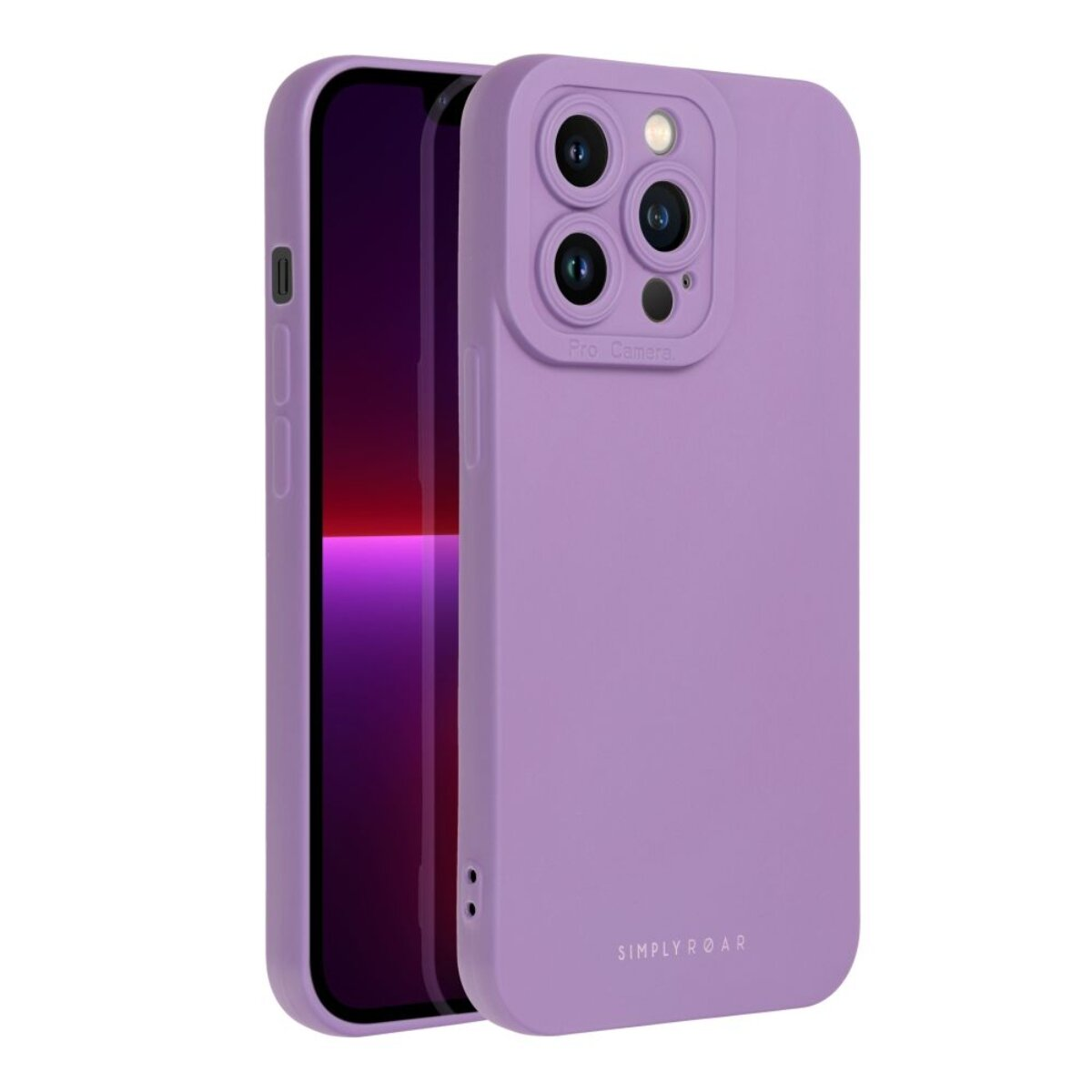 Eine lila Handyhülle mit einem Telefon darin. Die Hülle hat Kameraausschnitte und die Worte 'SIMPLY ROAR' sind darauf geschrieben.