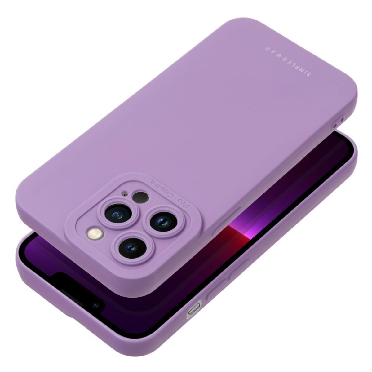 Eine lila Handyhülle mit einem Telefon darin. Die Hülle hat Kameraausschnitte und die Aufschrift "SIMPLY ROAR". Der Bildschirm zeigt einen Farbverlauf.