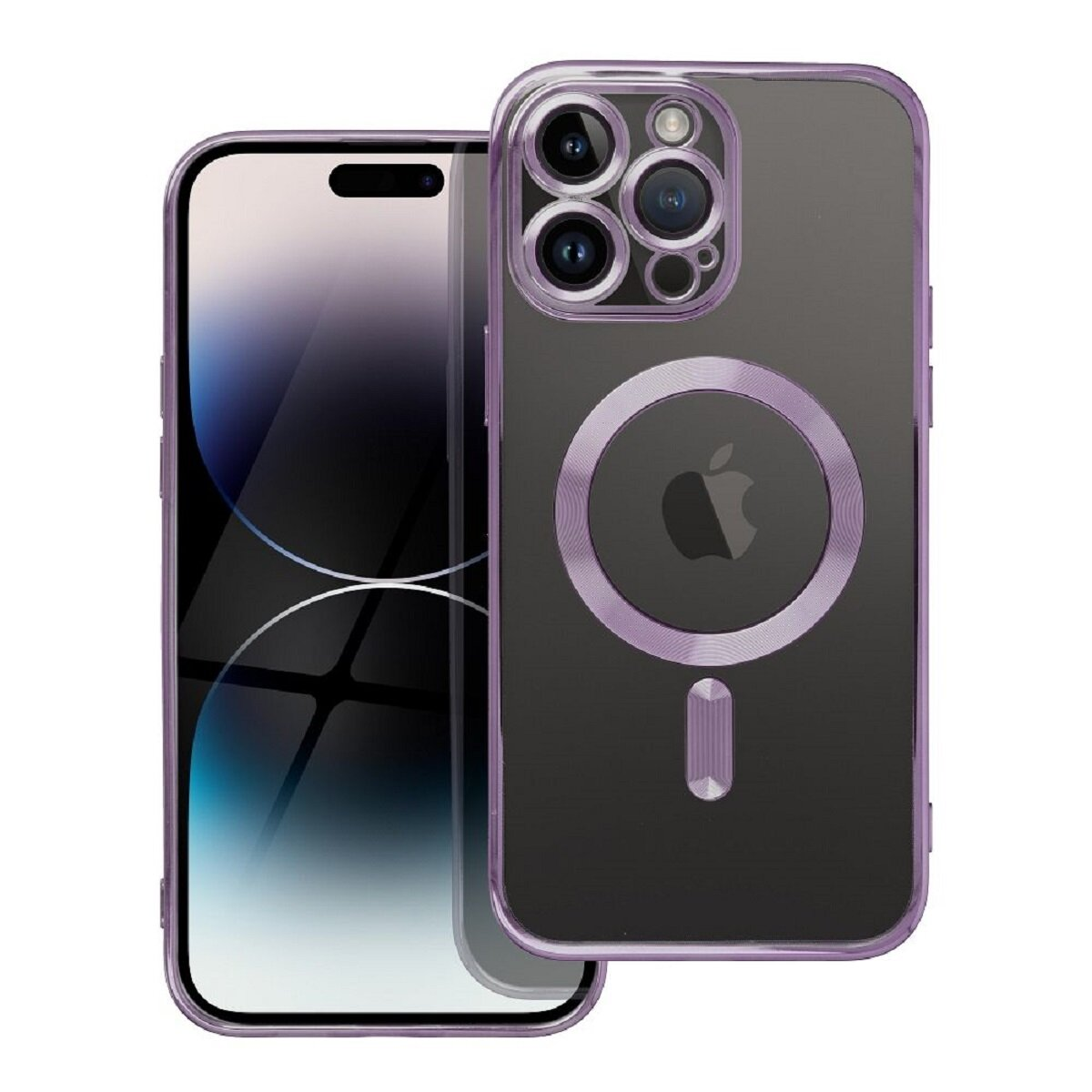 Ein iPhone mit einer transparenten Hülle mit lilafarbenen Rändern. Die Hülle hat einen Magnetkreis und ein kleines rechteckiges Element.