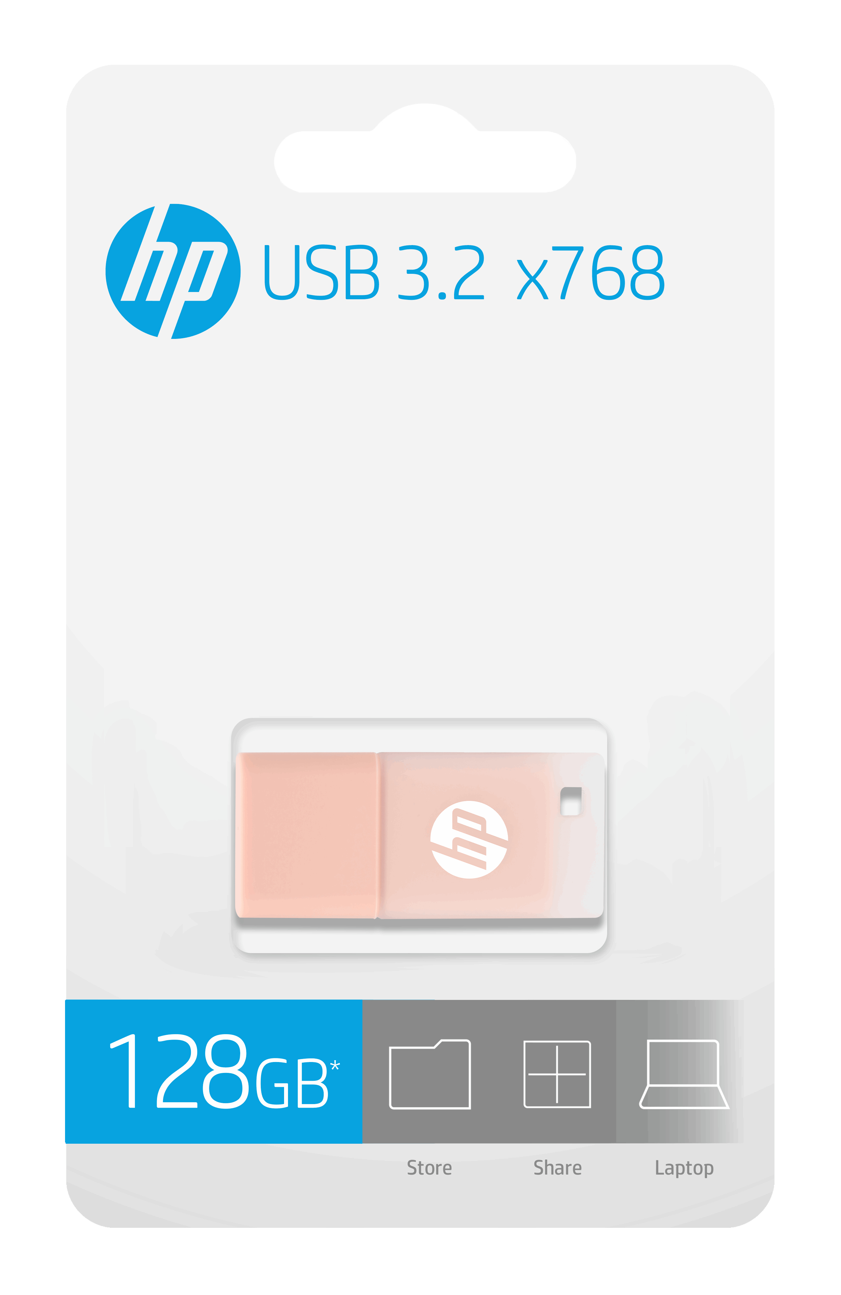 Confezione dell'unità USB HP. L'unità è rosa, con il logo HP. Ha 128 GB di spazio di archiviazione e USB 3.2.