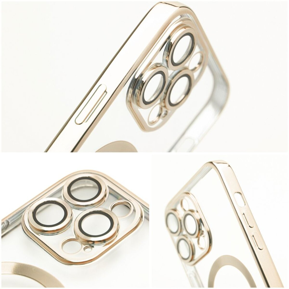 Nahaufnahme einer goldenen iPhone-Hülle. Sie hat eine klare Rückseite, goldene Ränder und einen metallischen Kameraring. Die Tasten sind sichtbar.