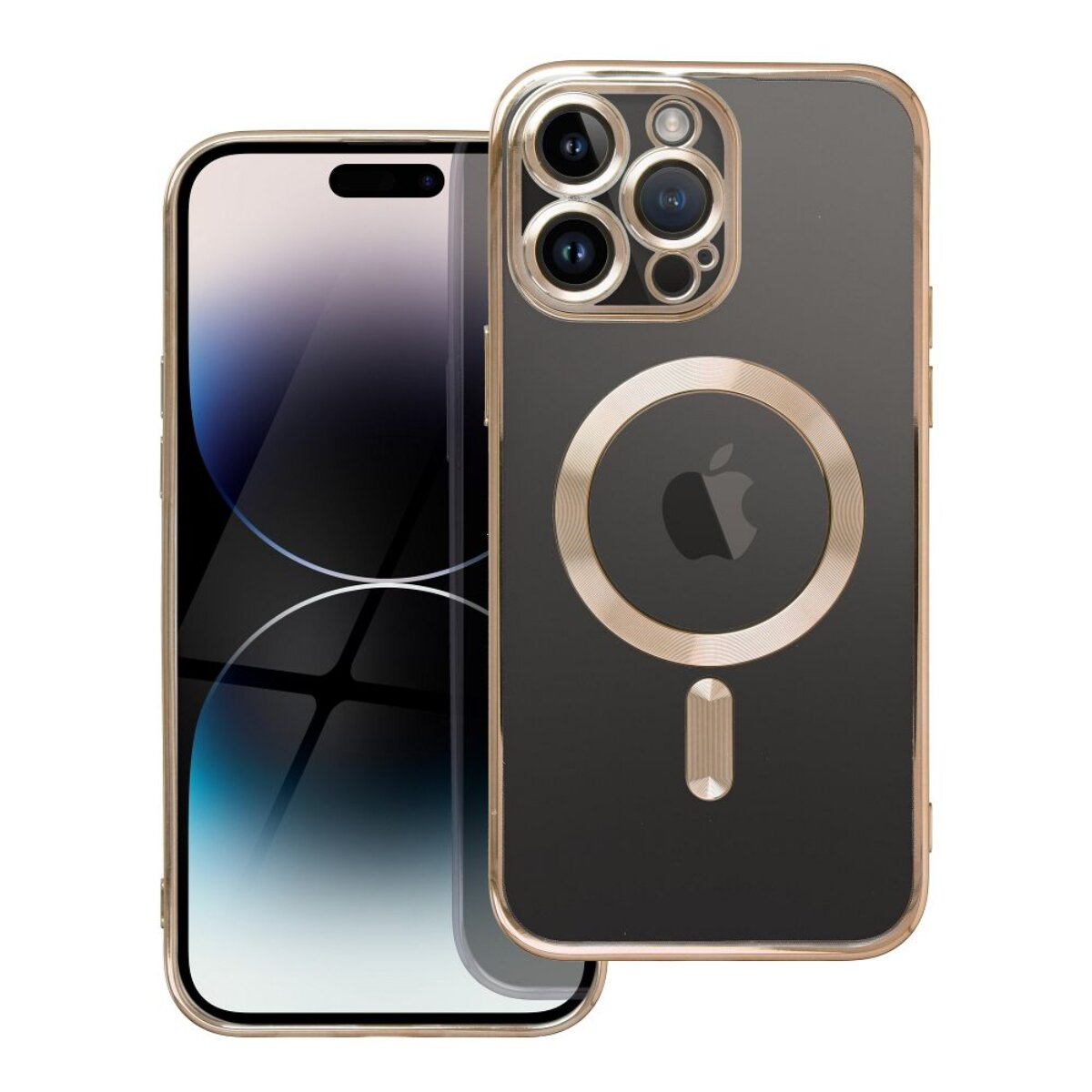 Ein iPhone mit einer durchsichtigen Hülle. Die Hülle hat goldene Ränder und einen goldenen Kreis mit einem Apple-Logo auf der Rückseite.