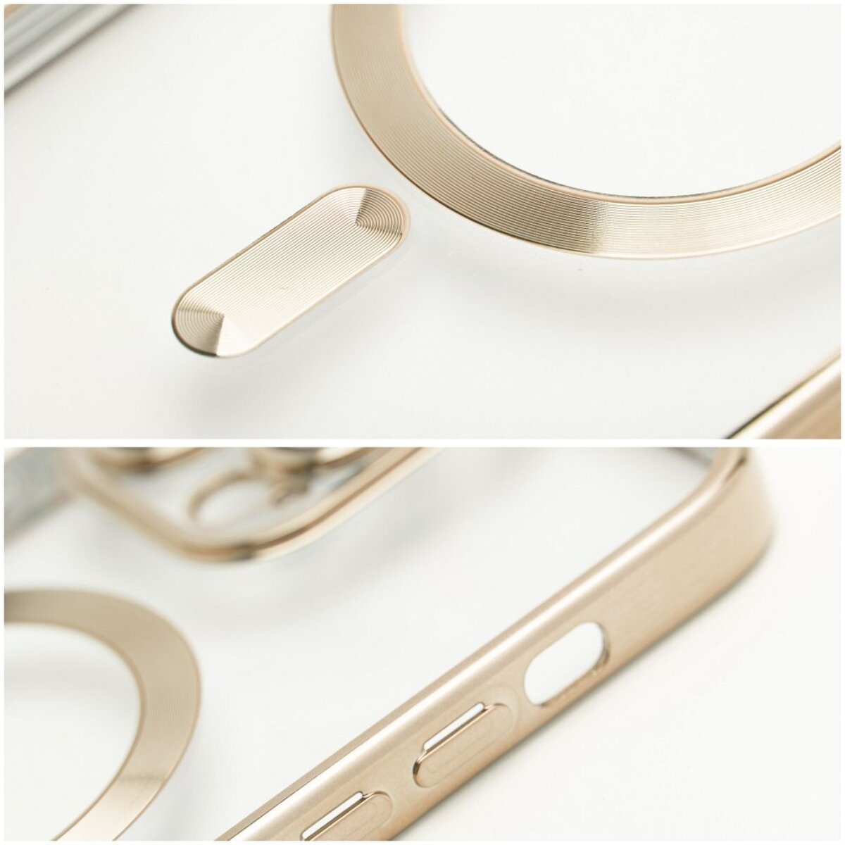Nahaufnahme einer transparenten Handyhülle mit goldfarbenen Akzenten. Die Hülle hat einen Magnetring und Knöpfe.