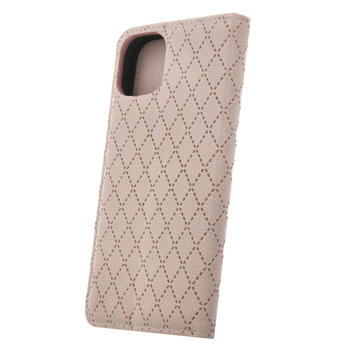 Eine beige Handyhülle mit Rautenmuster. Sie hat einen Ausschnitt für die Kamera und ist geneigt. Der Hintergrund ist weiß.