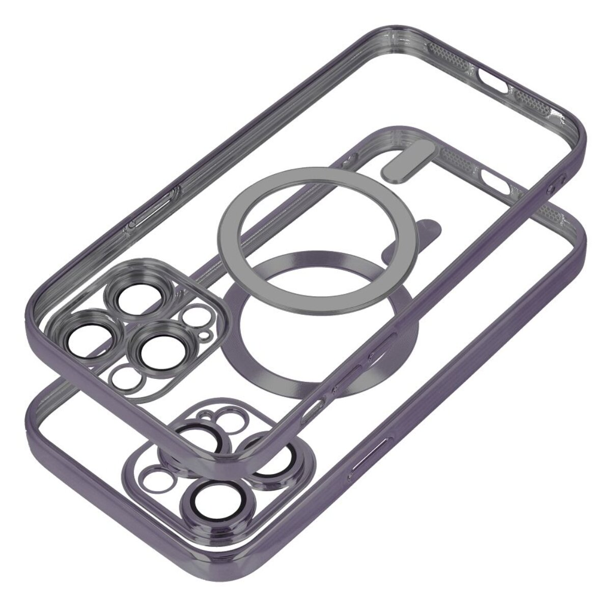Transparente Handyhülle mit grauem Rahmen und Kameraausschnitten. In der Mitte befindet sich ein grauer Ring. Die Hülle ist in Schichten aufgebaut.