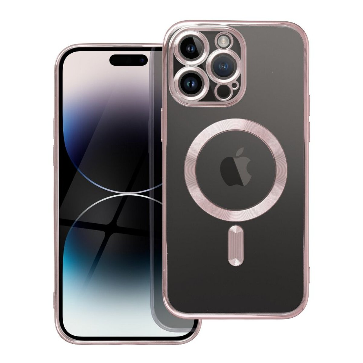 Ein iPhone mit einer transparenten Hülle. Die Hülle hat einen rosa Rahmen und einen Magnetkreis auf der Rückseite. Der Bildschirm ist sichtbar.