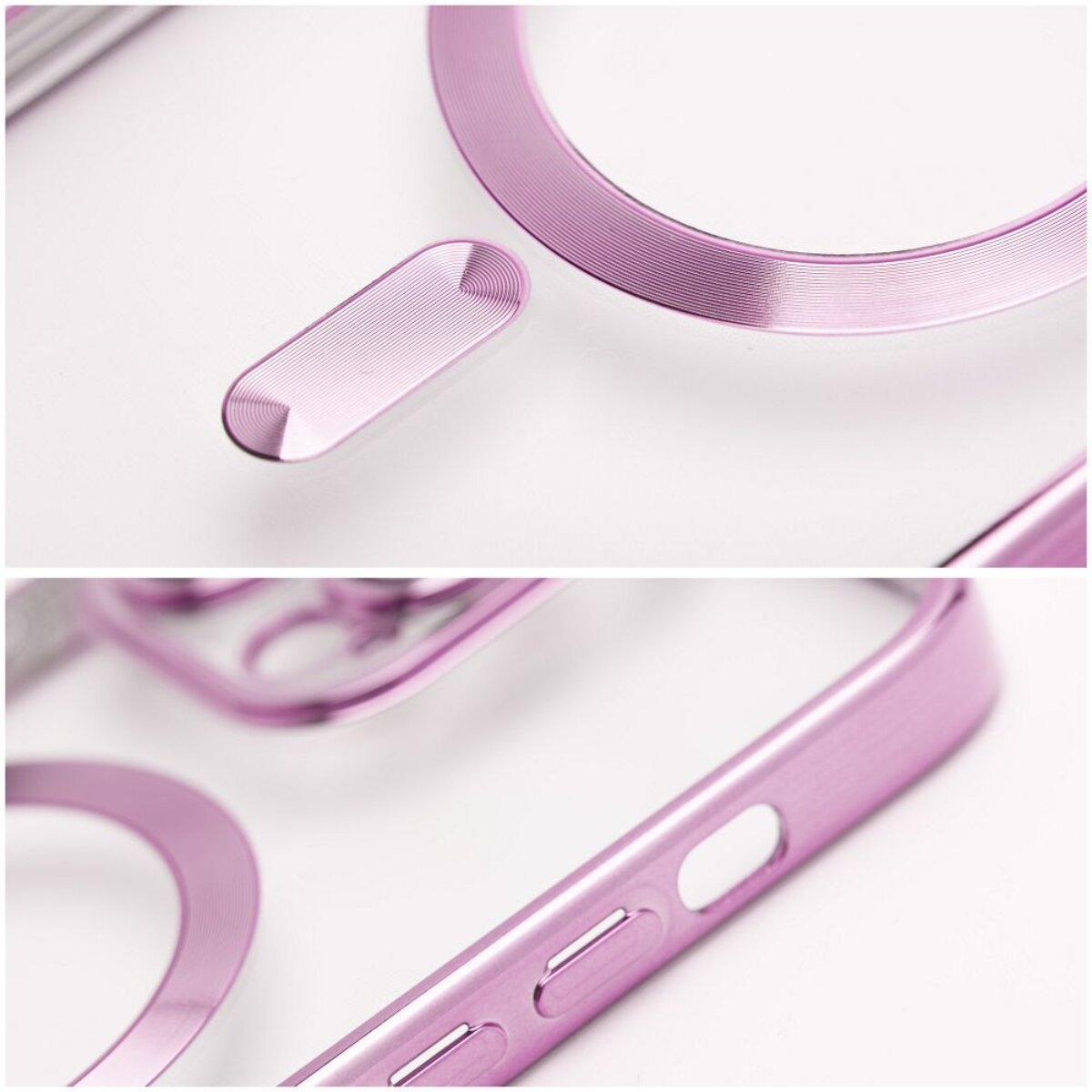 Nahaufnahme einer transparenten Handyhülle mit rosa Akzenten. Merkmale sind ein kreisförmiger Ring, eine rechteckige Taste und Seitentasten.