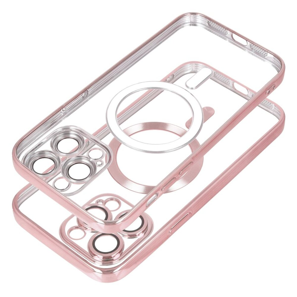 Eine transparente iPhone-Hülle mit roségoldfarbenem Rahmen, Kameraausschnitten und einem Magnetring. Zwei Schichten sind sichtbar. Weißer Hintergrund.