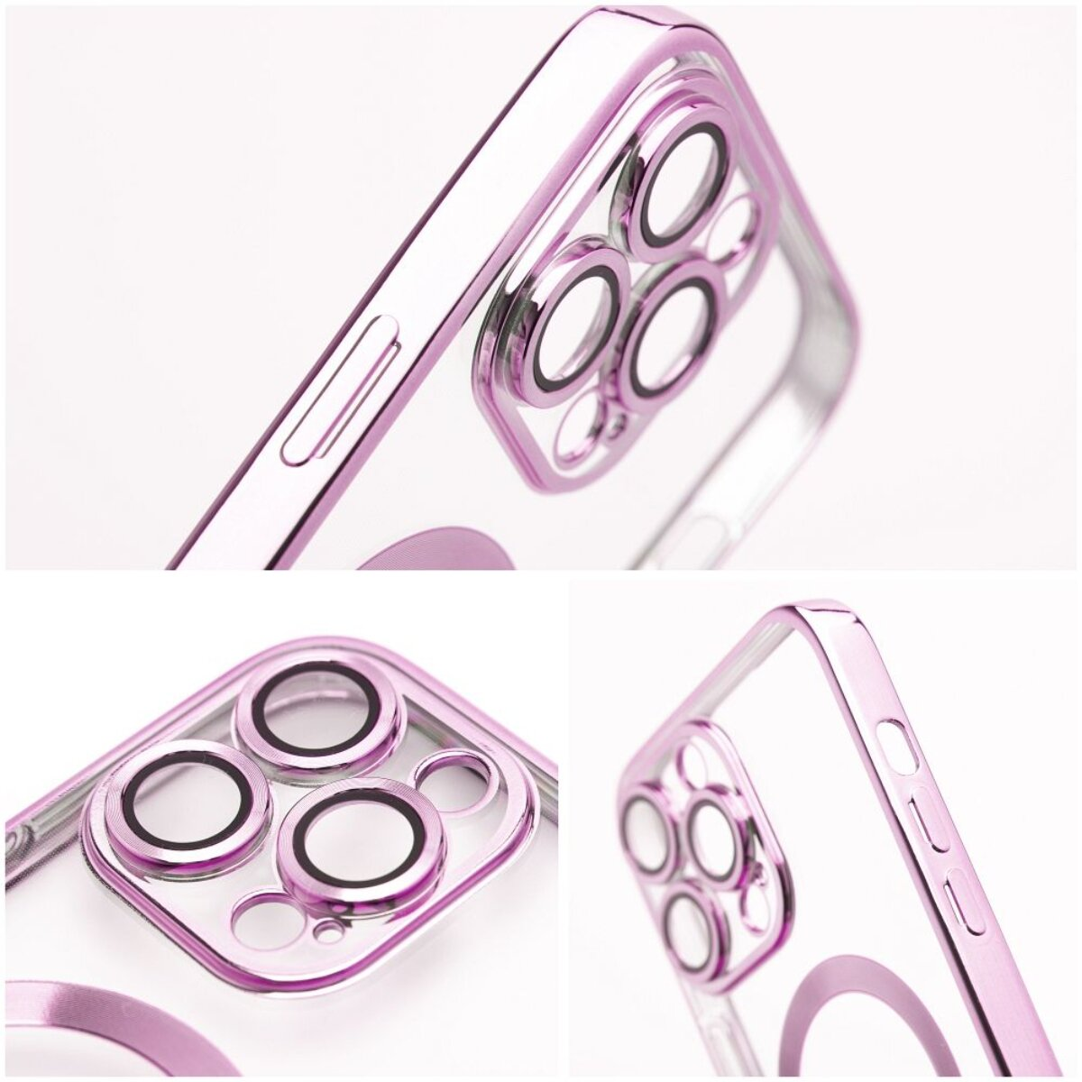 Nahaufnahme einer Handyhülle. Transparent mit lila Metallic-Rahmen. Mit Kameraobjektiv-Ausschnitten und Seitentasten. Klarer Hintergrund.