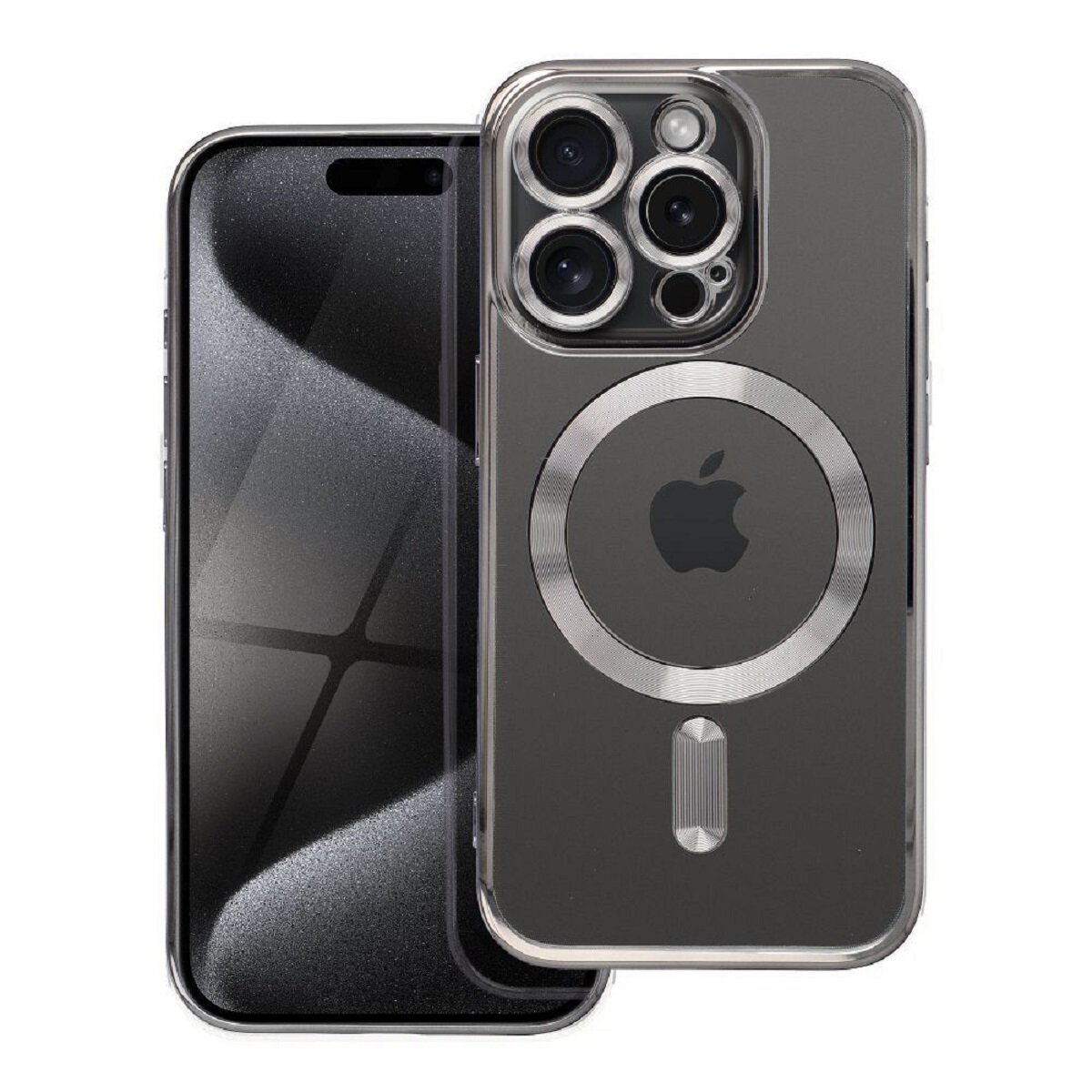 Ein iPhone mit einer durchsichtigen Hülle. Die Hülle hat einen Magnetring und eine Kameraanordnung. Der Bildschirm des Telefons ist schwarz.