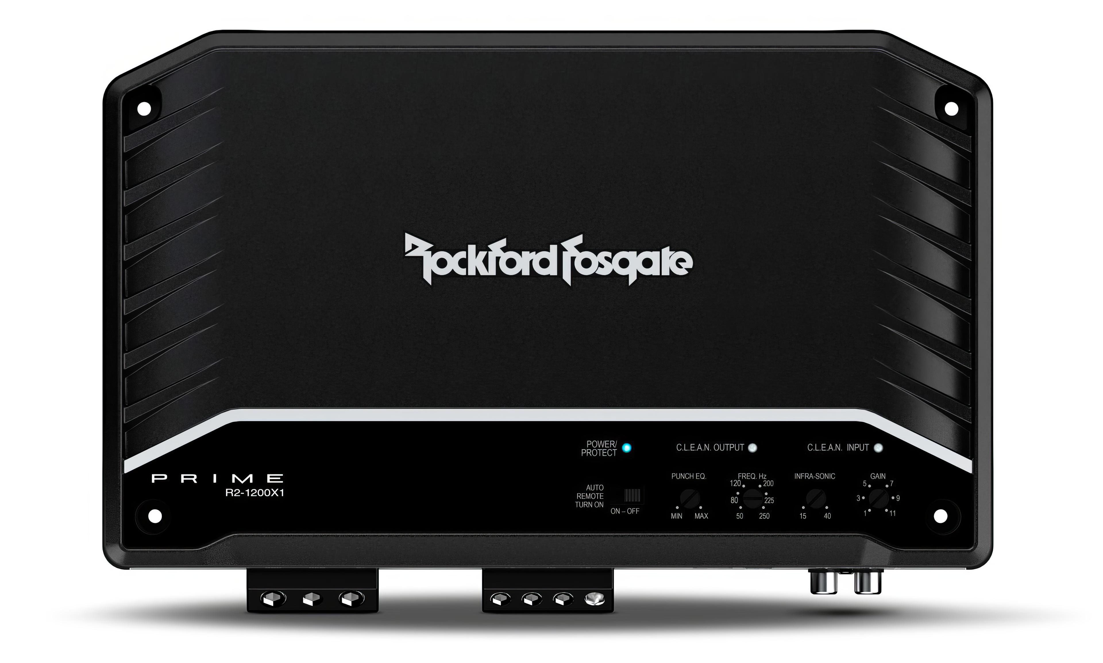 Schwarzer Rockford Fosgate Verstärker. Er hat Regler für Leistung, EQ, Frequenz und Verstärkung. Das Logo ist weiß.