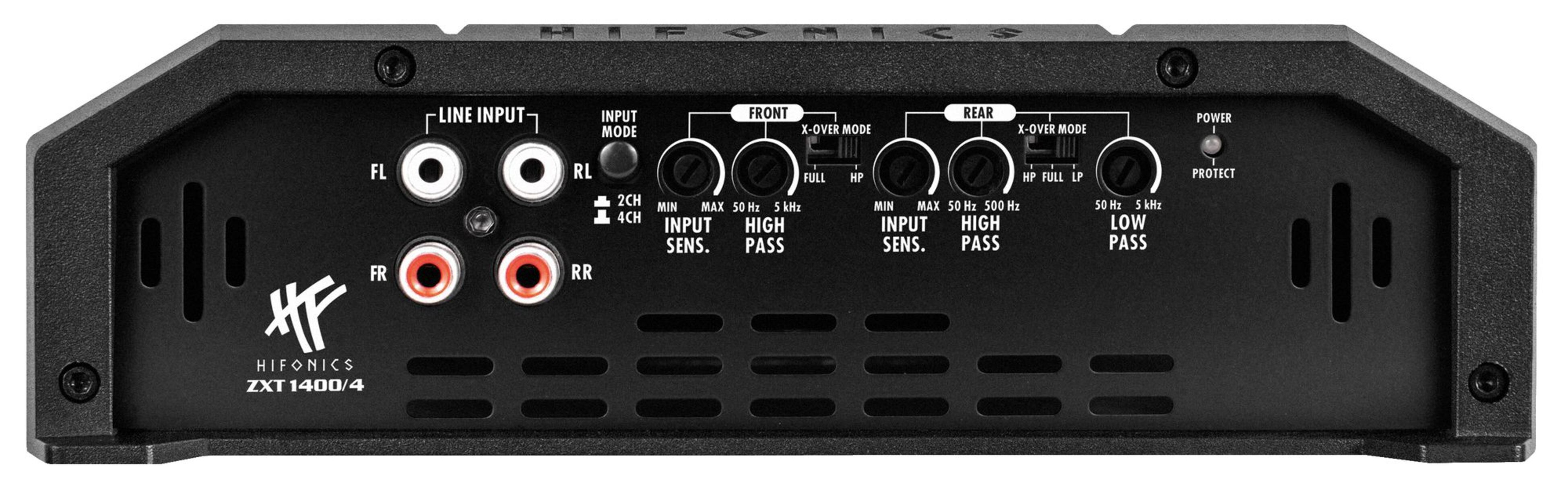 Schwarzer Hifonics ZXT 1400/4 Auto-Verstärker mit verschiedenen Eingangs- und Ausgangsreglern und dem Markenlogo.