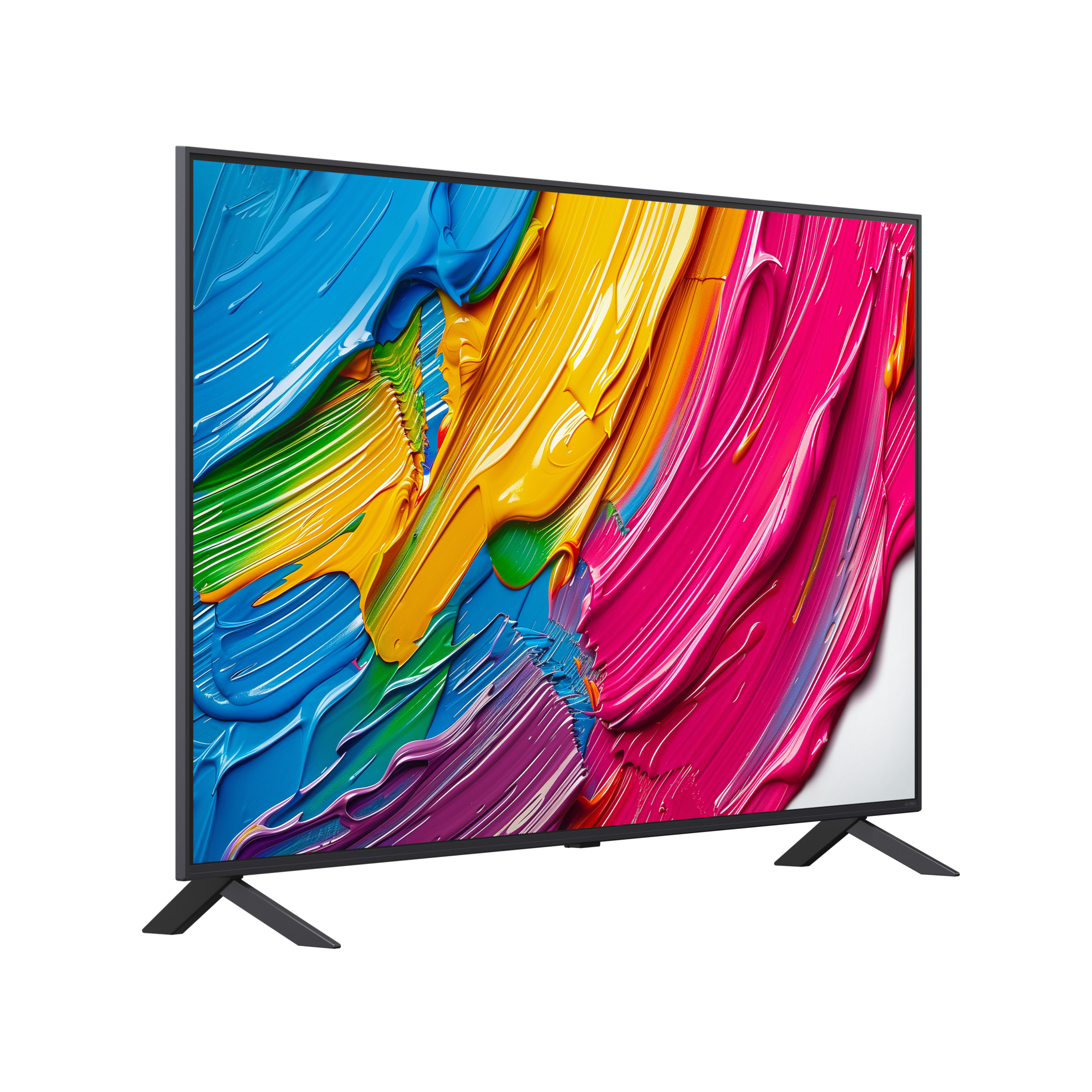 Ein Fernseher mit farbenfroher abstrakter Kunst auf dem Bildschirm, getragen von schwarzen Beinen.