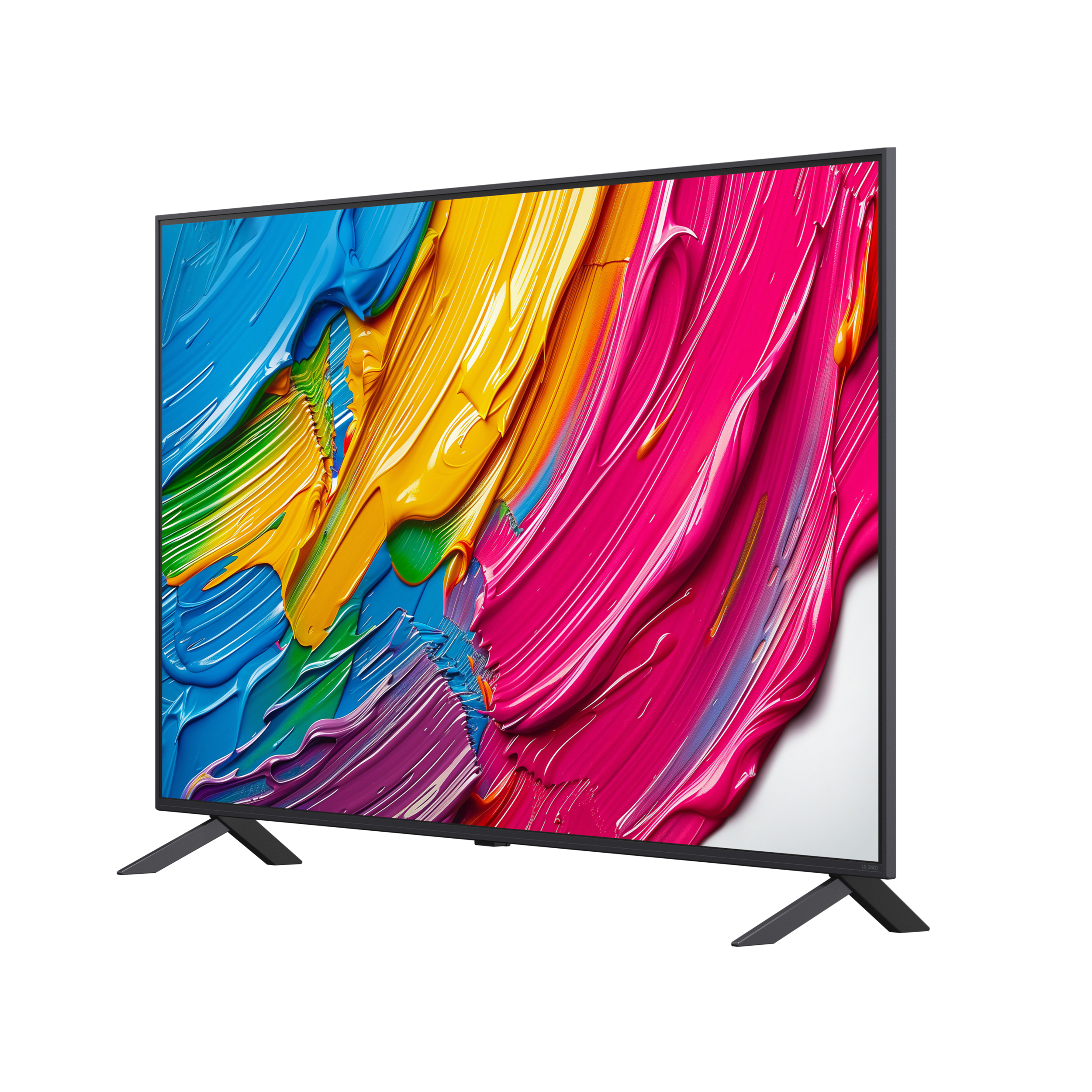 Ein Fernseher zeigt ein farbenfrohes abstraktes Gemälde. Farben sind Blau, Gelb und Rosa. Der Fernseher steht auf schwarzen Beinen.