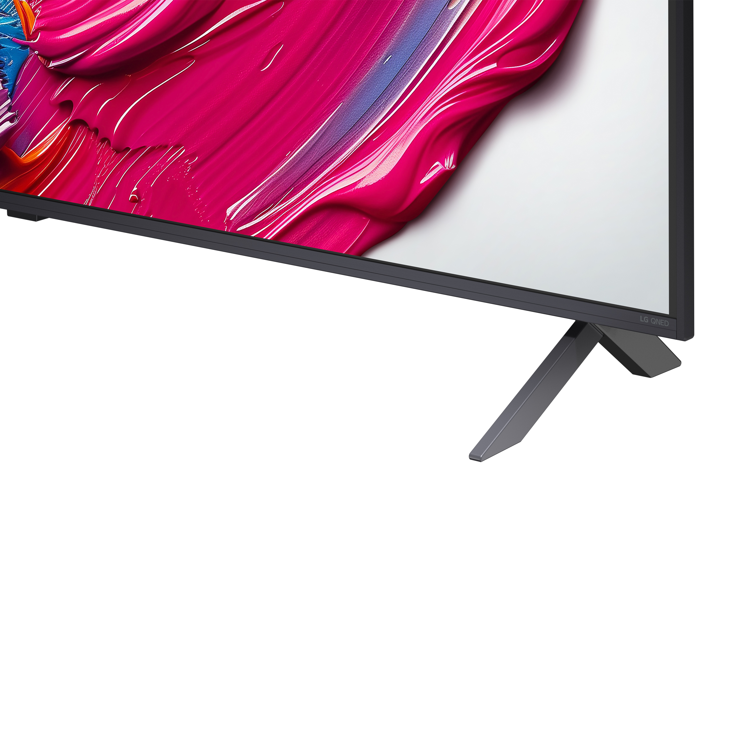 Ein moderner Fernseher mit schwarzem Rahmen und Ständer. Der Bildschirm zeigt abstrakte Kunst in Pink und Weiß. Der Hintergrund ist weiß.