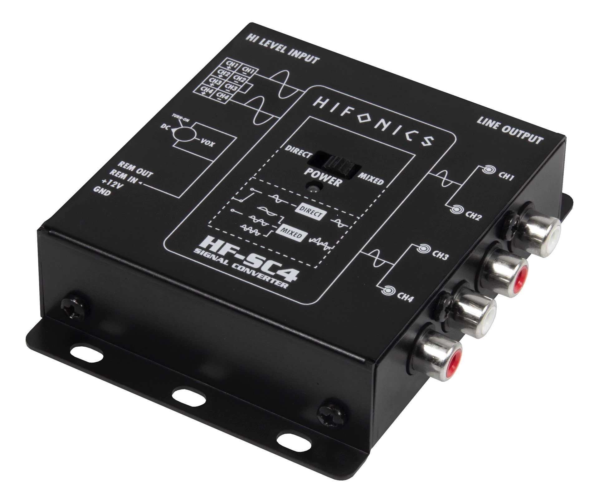 Schwarzer Hifonics HF-SC4 Signalwandler. Es hat mehrere Anschlüsse und einen Netzschalter. Weißer Text auf Schwarz.