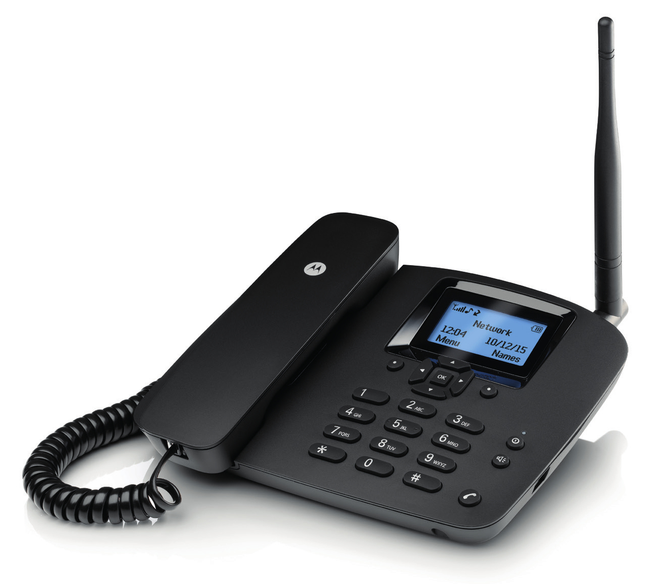 Un teléfono inalámbrico negro con una pantalla que muestra la hora y las opciones del menú. Tiene botones y una antena. Logotipo de Motorola en el auricular.