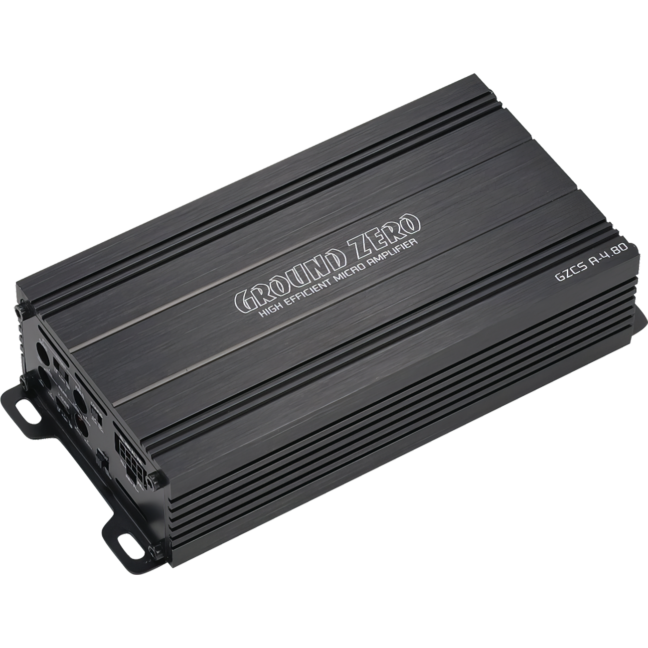 Ein schwarzer Ground Zero Mikro-Verstärker. Er trägt den Markennamen und die Modellnummer GZCS A-4.80. Der Hintergrund ist weiß mit vertikalen Linien.