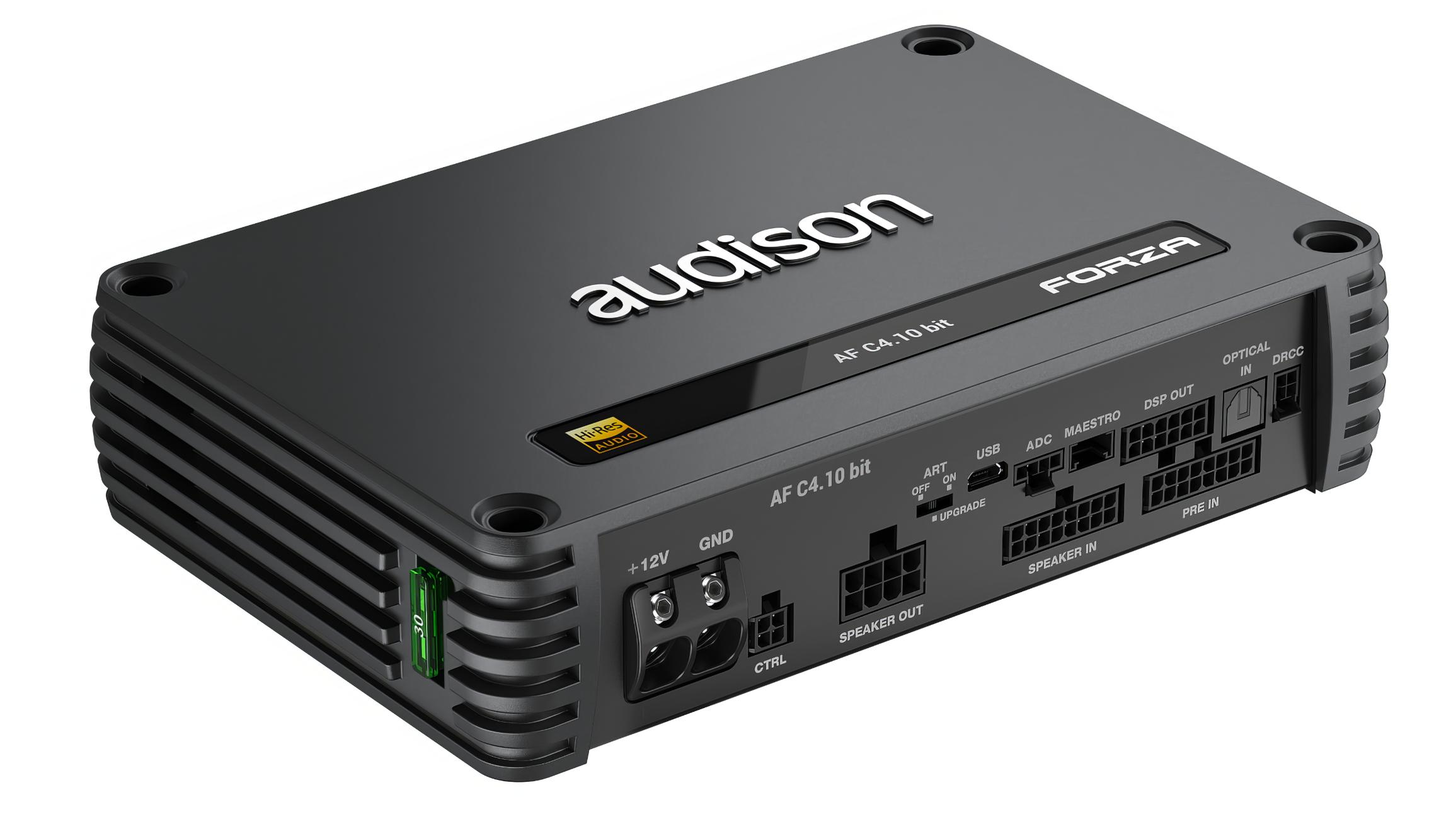 Ein schwarzer Audison AF C4.10 bit Audioverstärker. Er hat verschiedene Ein- und Ausgangsanschlüsse und ein Hi-Res Audio Logo.
