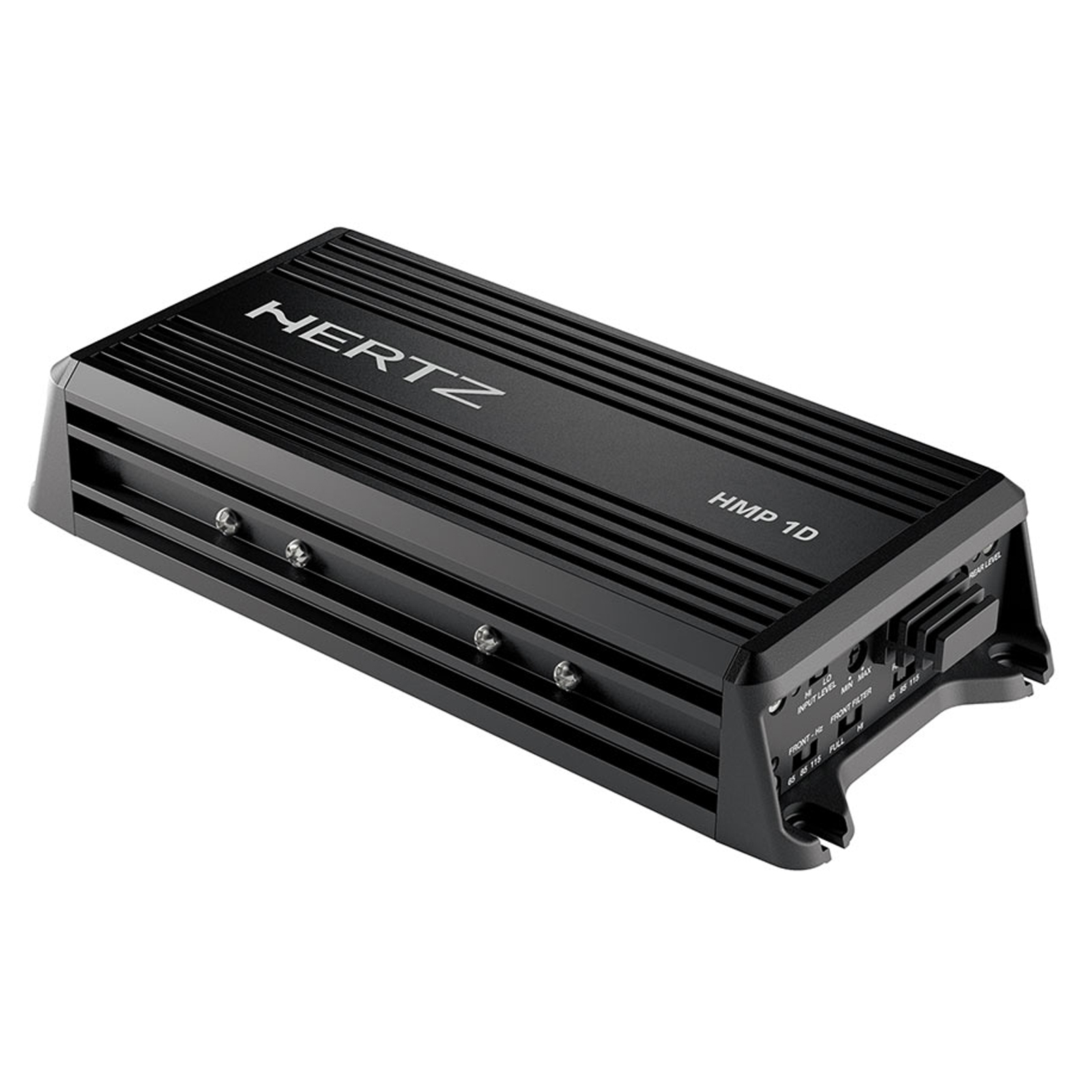 Schwarzer Hertz HMP 1D Auto-Verstärker. Er hat das Hertz-Logo und verschiedene Eingangs- und Ausgangsregler.