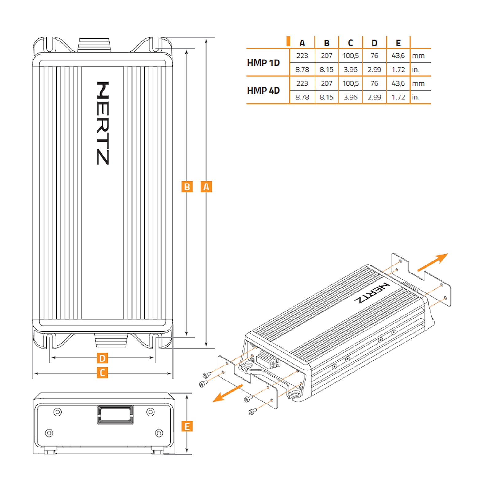 Diagramm eines Verstärkers. Es zeigt Abmessungen und eine Explosionsansicht mit Halterungen.