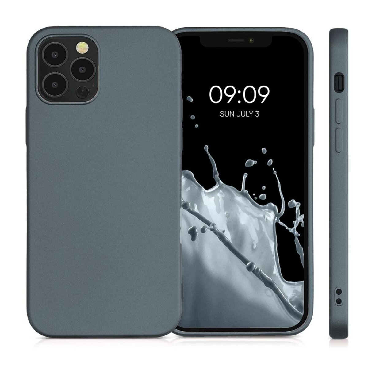 Graues Smartphone mit Hülle, zeigt die Uhrzeit 09:09 auf dem Bildschirm. Der Bildschirm zeigt einen Wasserspritzer.