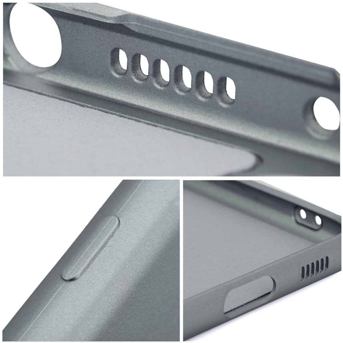 Nahaufnahme einer grauen Handyhülle. Zeigt die Seite mit Löchern, einer Taste und dem Inneren. Metallische Textur sichtbar.