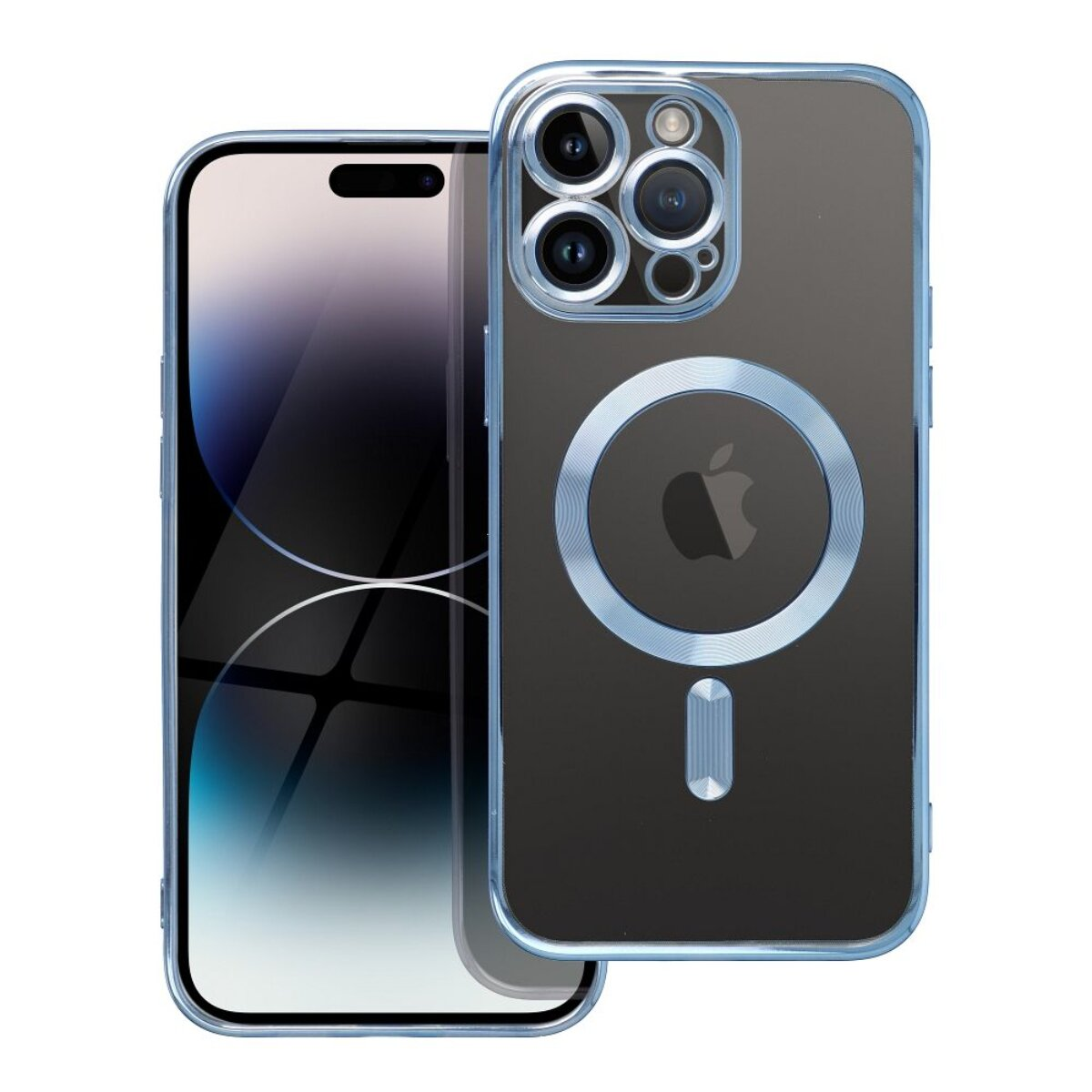 Ein iPhone mit einer durchsichtigen Schutzhülle. Die Hülle hat einen blauen Rand und einen MagSafe-Ring. Der Bildschirm ist schwarz.