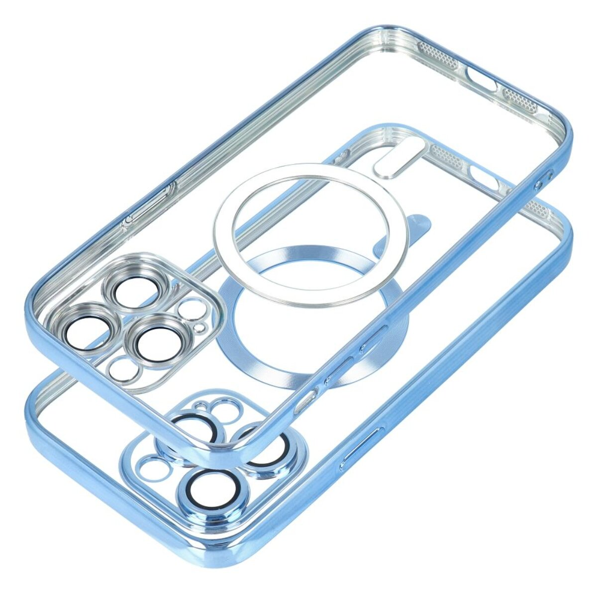 Transparente und hellblaue Handyhülle. Sie hat einen Kameraausschnitt und einen kreisförmigen Magnetring. Der Rahmen ist blau, die Mitte klar.
