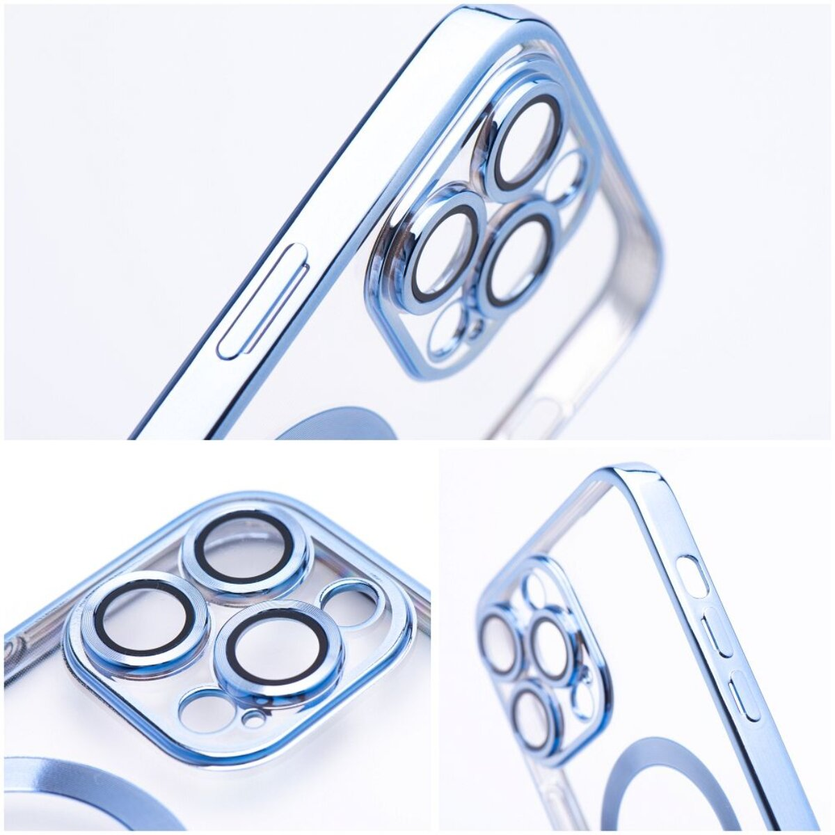 Eine transparente iPhone-Hülle mit blauem Rahmen. Sie hat einen Kameraausschnitt, eine Seitentaste und einen MagSafe-Ring.