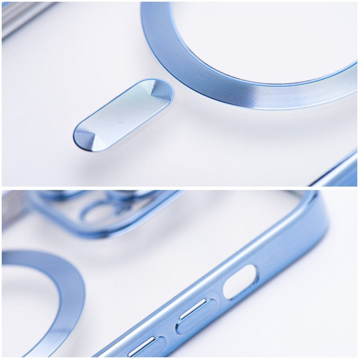 Nahaufnahme einer blauen Handyhülle mit transparentem Mittelteil. Merkmale sind ein kreisförmiger Magnetring und eine rechteckige Taste, alle mit feinen Rillen.