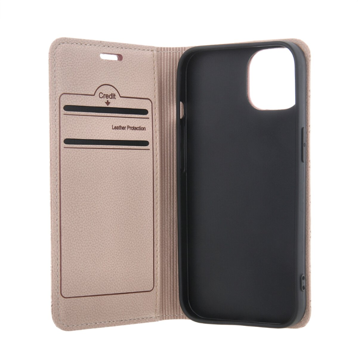 Geöffnete Handyhülle in Beige. Die linke Seite hat ein Kreditkartenfach, die rechte Seite ist für das Telefon, schwarzes Innere.