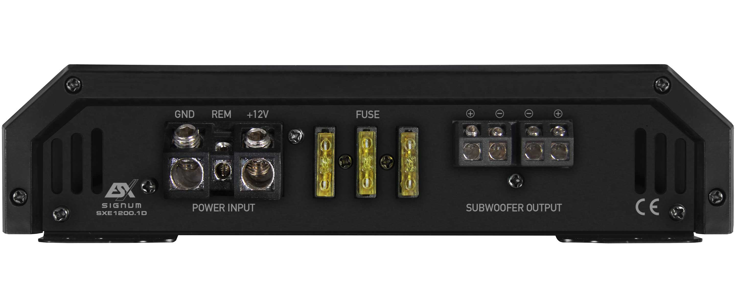 Schwarzer Auto-Verstärker mit beschrifteten Anschlüssen. Eingänge umfassen Strom, Sicherung und Subwoofer-Ausgang.