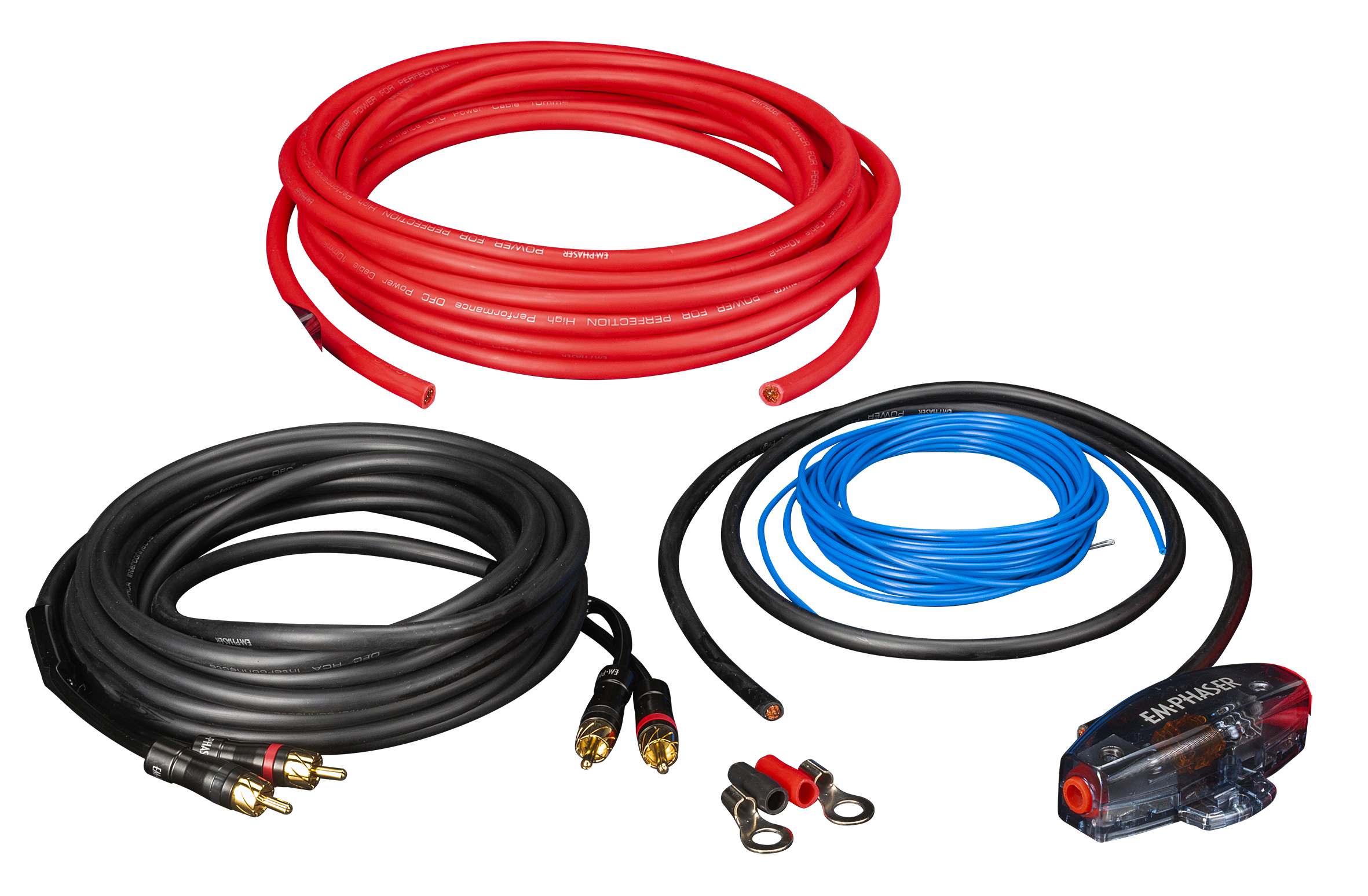 Das Bild zeigt rote, schwarze und blaue Kabel, Anschlüsse und ein Gerät. Die Kabel sind aufgerollt. Das Gerät ist durchsichtig mit roten Akzenten.